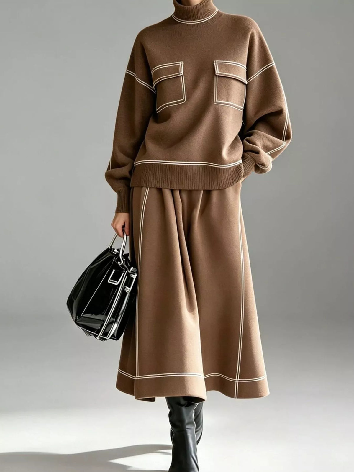 turtleneck knit top and midi skirt set | dropsona - neutral - front view