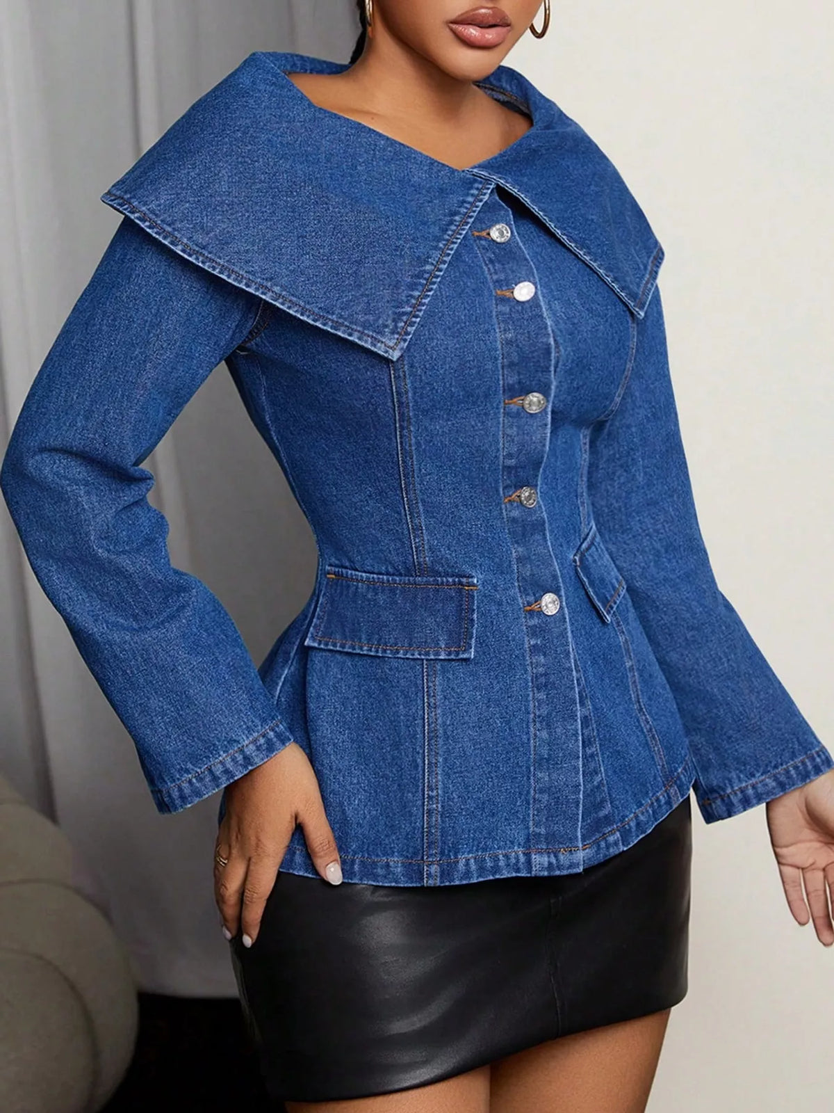 wide collar slim fit denim jacket | dropsona - neutral - close-up detail
