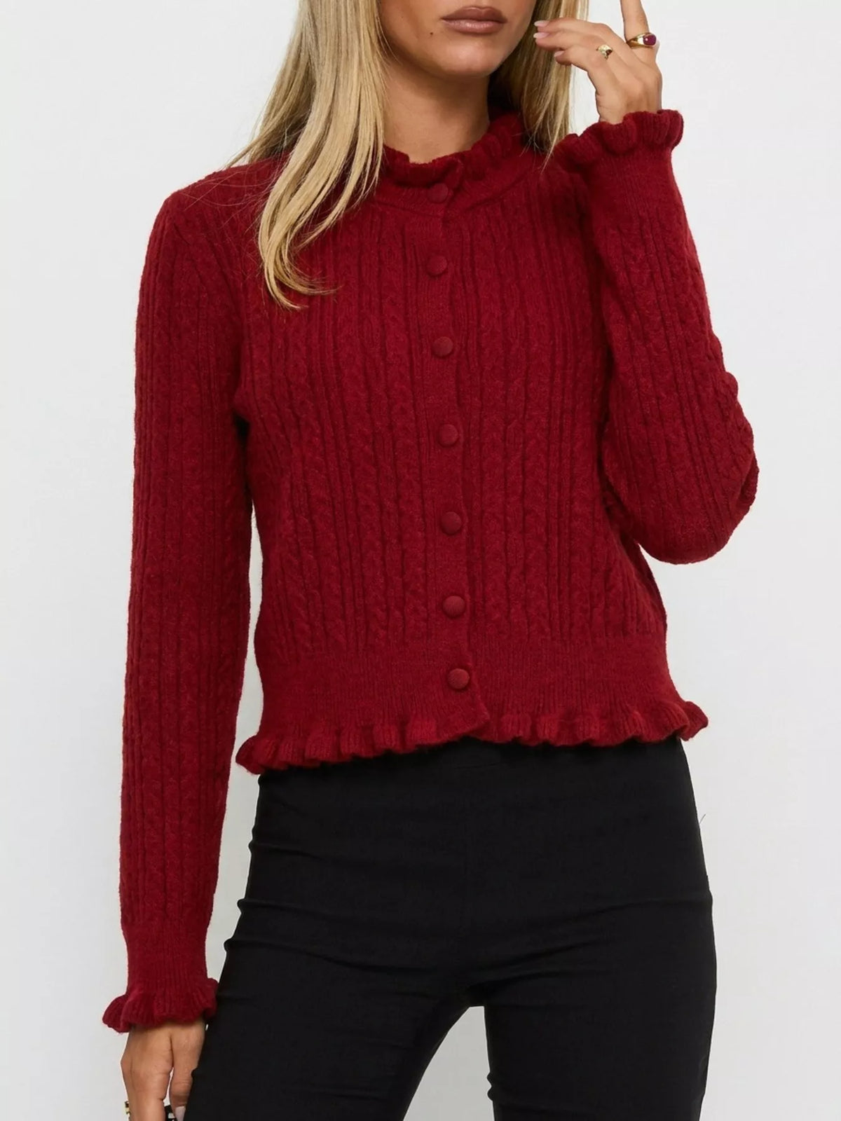 cable-knit ruffle-trim cardigan | dropsona - neutral - close-up detail