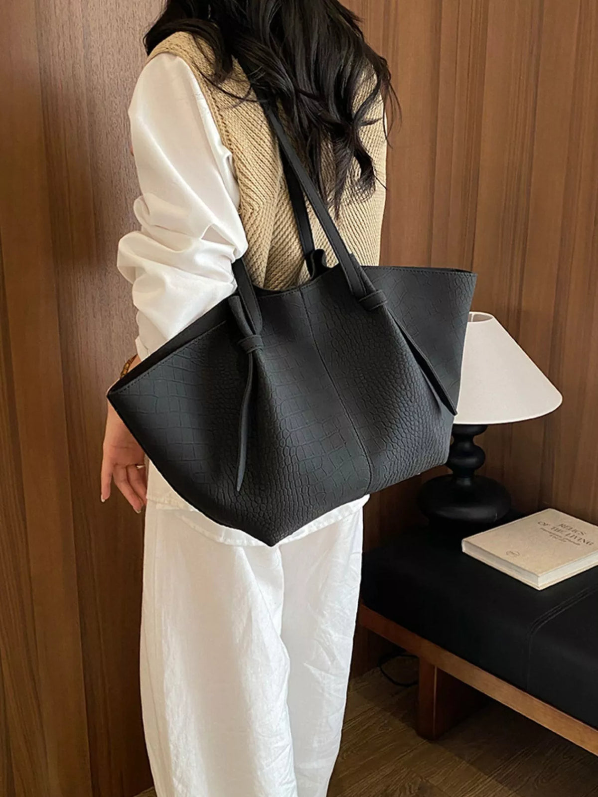 pu leather tote bag – stylish sling | dropsona - neutral - front view