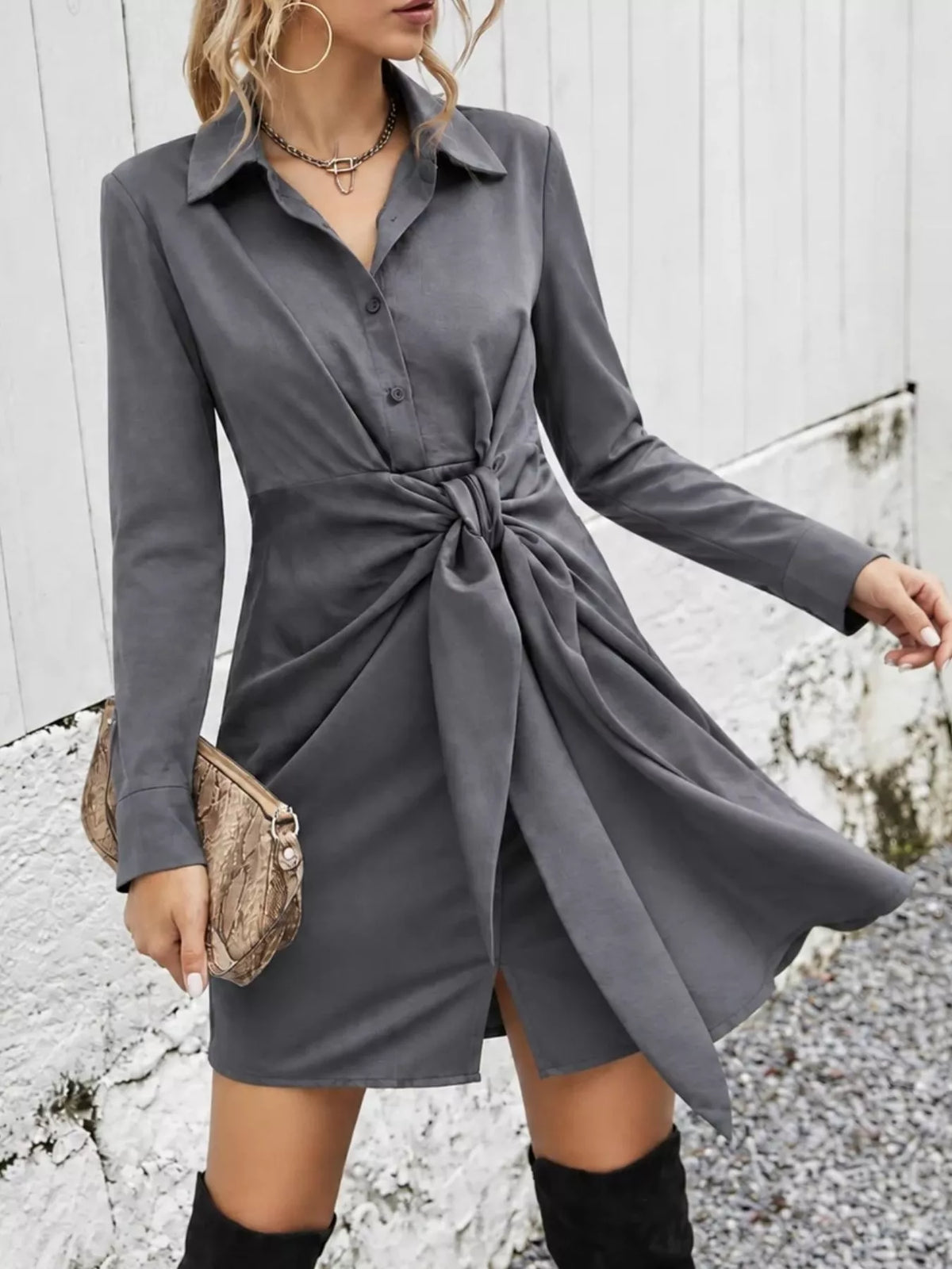 front-tie long sleeve shirt dress – tied, buttoned | dropsona - neutral - material texture