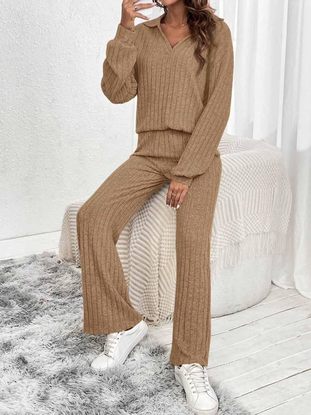 ribbed knit collared top and wide leg pants set | dropsona - neutral - packaging