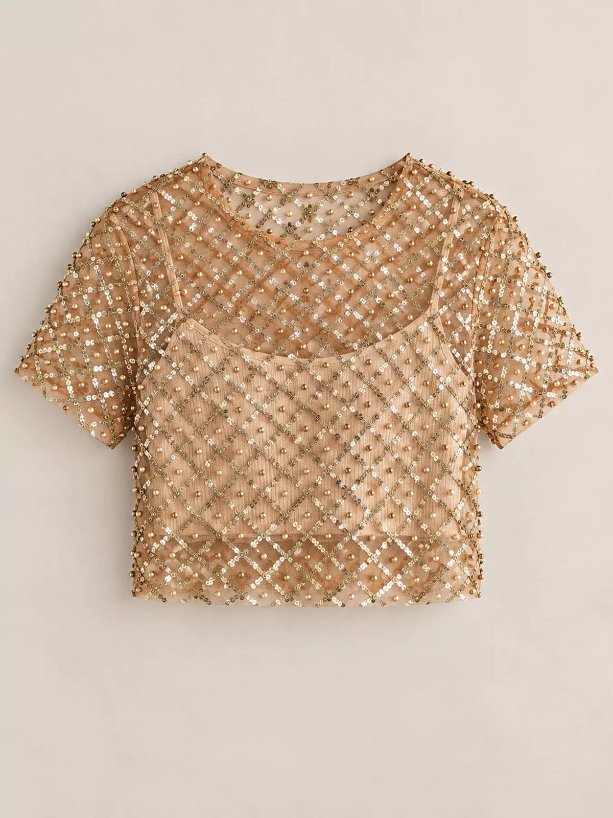 sheer mesh pearl embellished crop blouse | dropsona - neutral - size reference