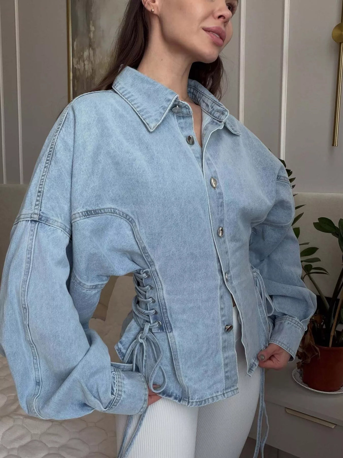 button down lace-up side denim jacket | dropsona - neutral - front view