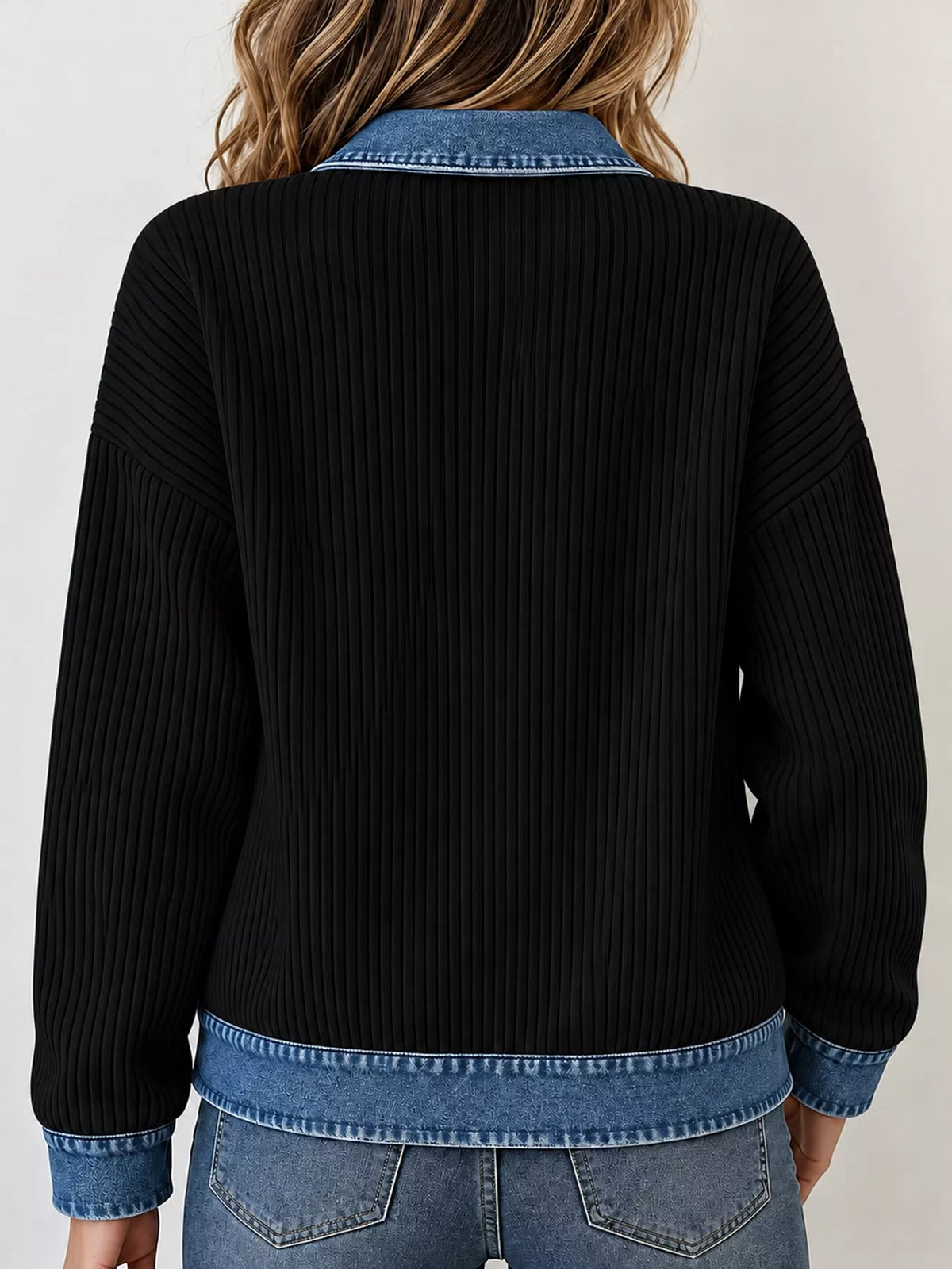 full size denim-collar ribbed knit zip-up jacket plus | dropsona - neutral - front view