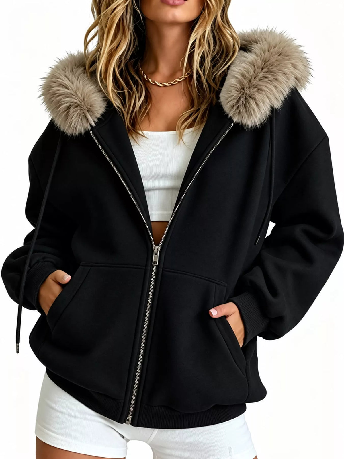 full size faux fur hood zip-up hoodie plus | dropsona - neutral - everyday use