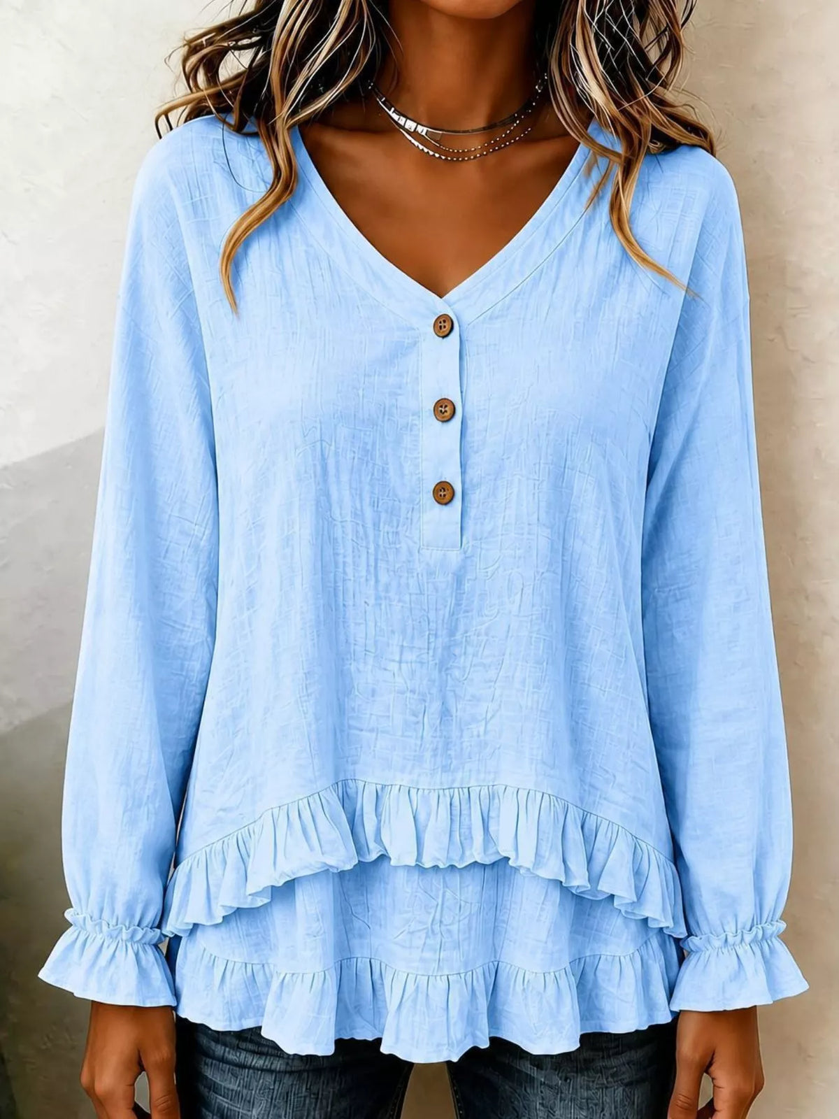 v-neck long sleeve button detail ruffled hem blouse | dropsona - neutral - packaging