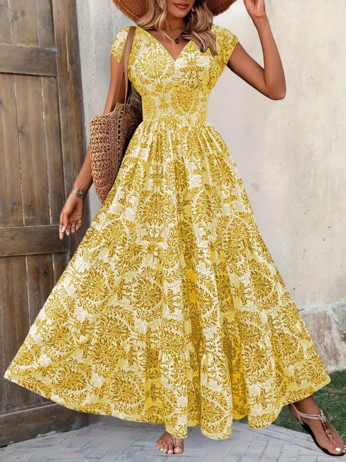 printed cap sleeve maxi dress – tiered,smocked | dropsona - neutral - front view
