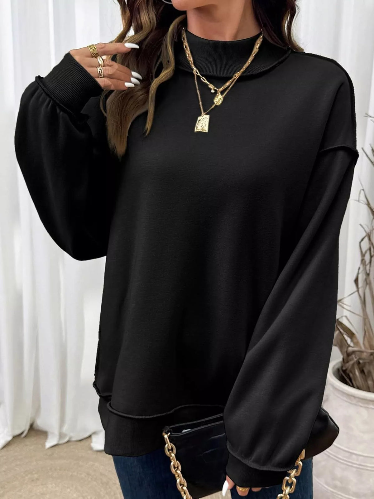 mock neck long sleeve sweatshirt | dropsona polyester 70% - neutral - close-up detail