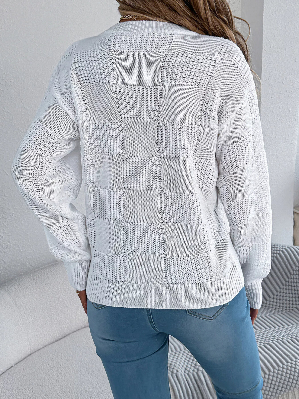checkerboard textured knit sweater | dropsona - neutral - usage example