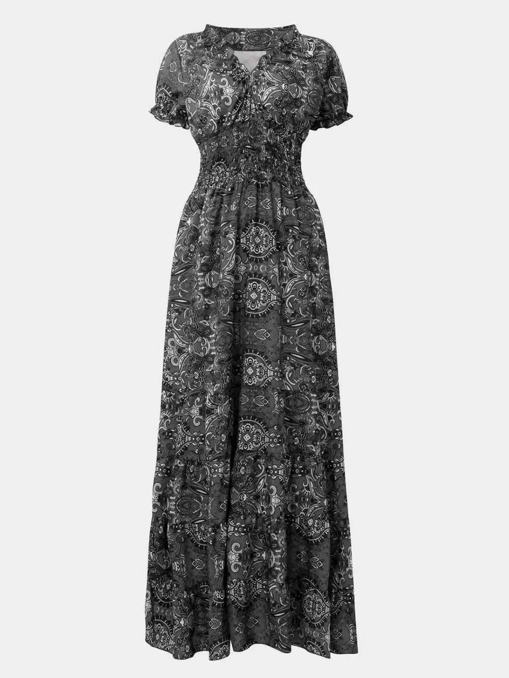 full size smocked printed v-neck short sleeve dress - close-up detail