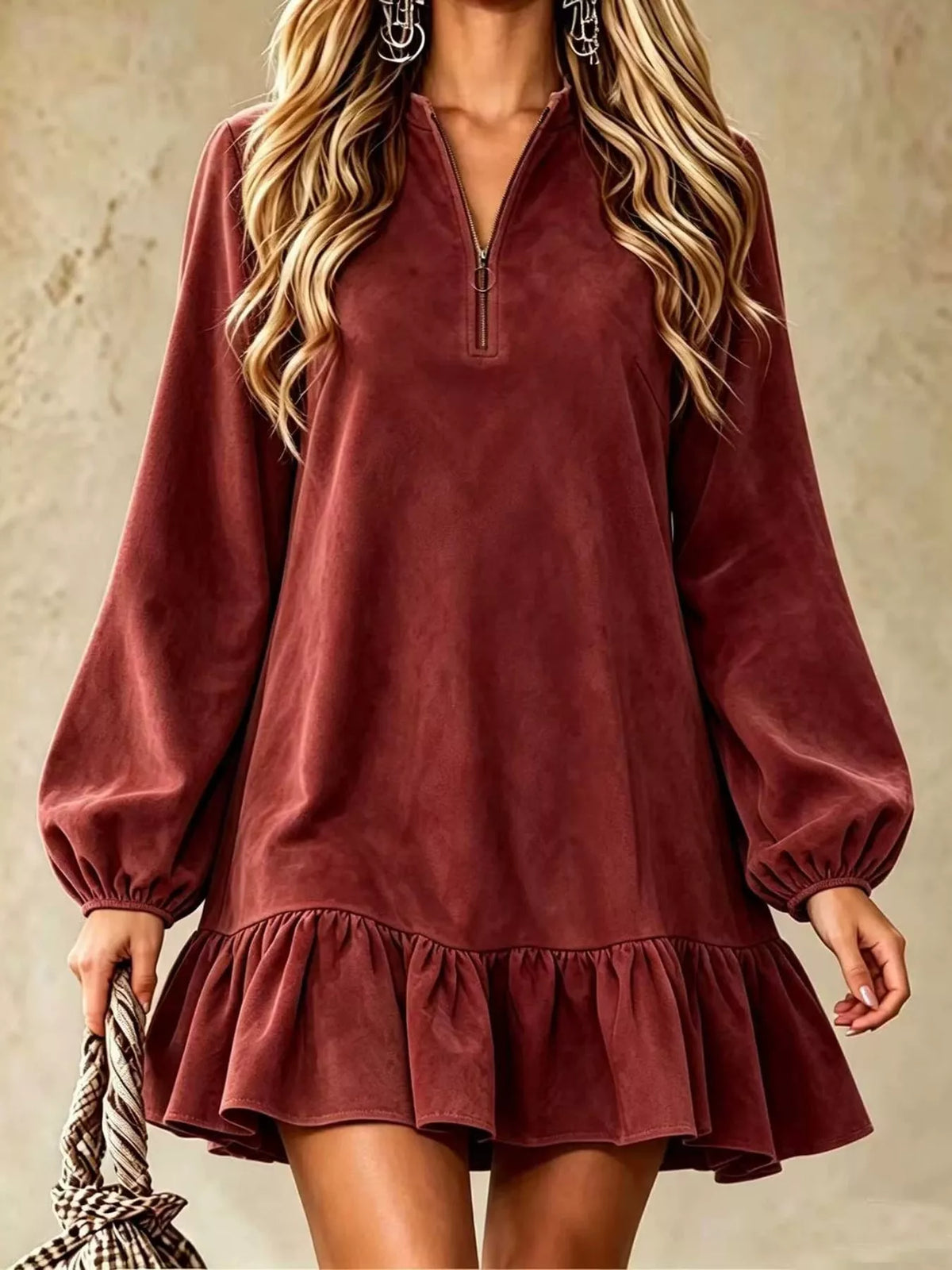 quarter-zip ruffle hem mini dress | dropsona - neutral - usage example