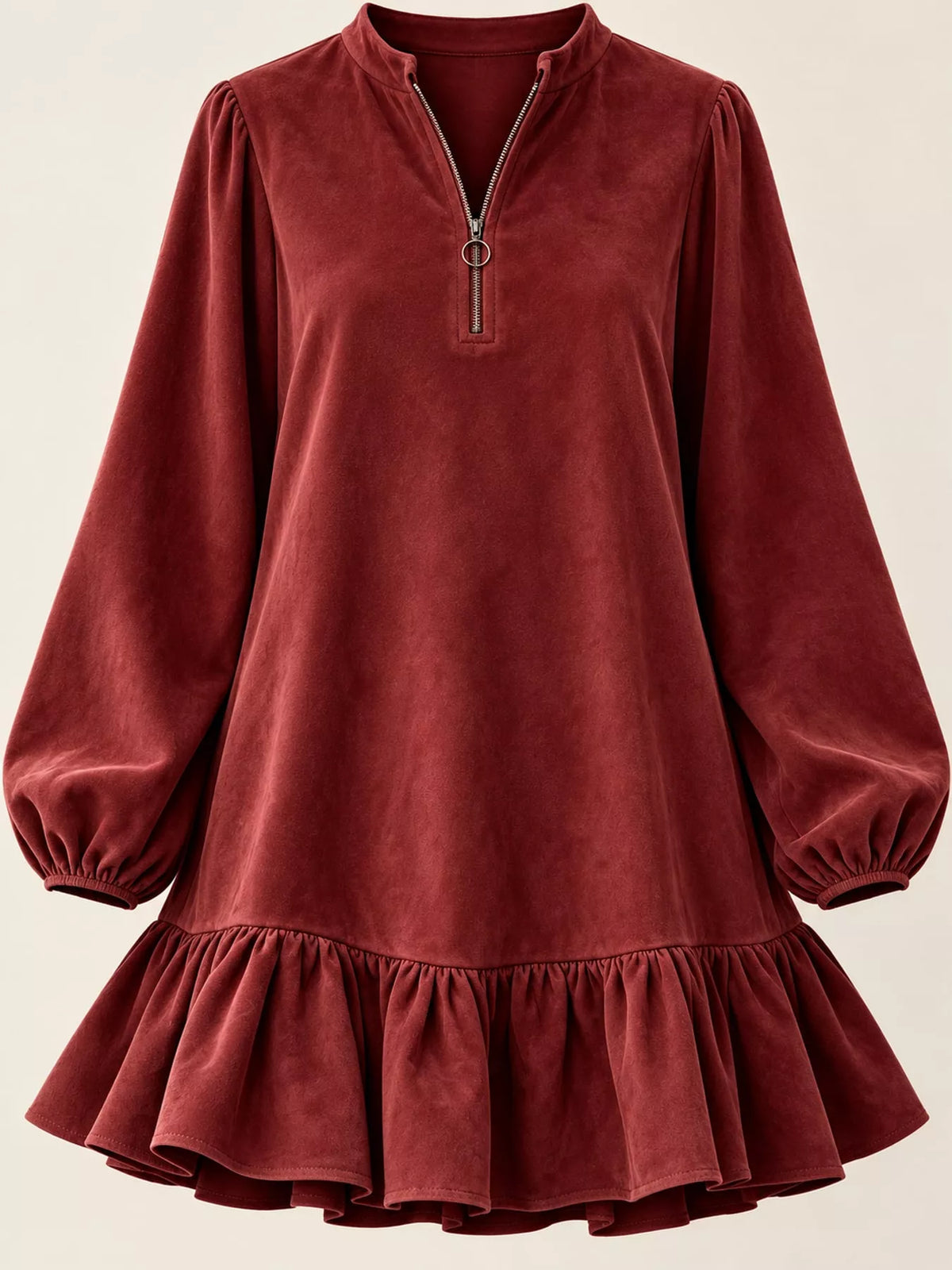 quarter-zip ruffle hem mini dress | dropsona - neutral - material texture