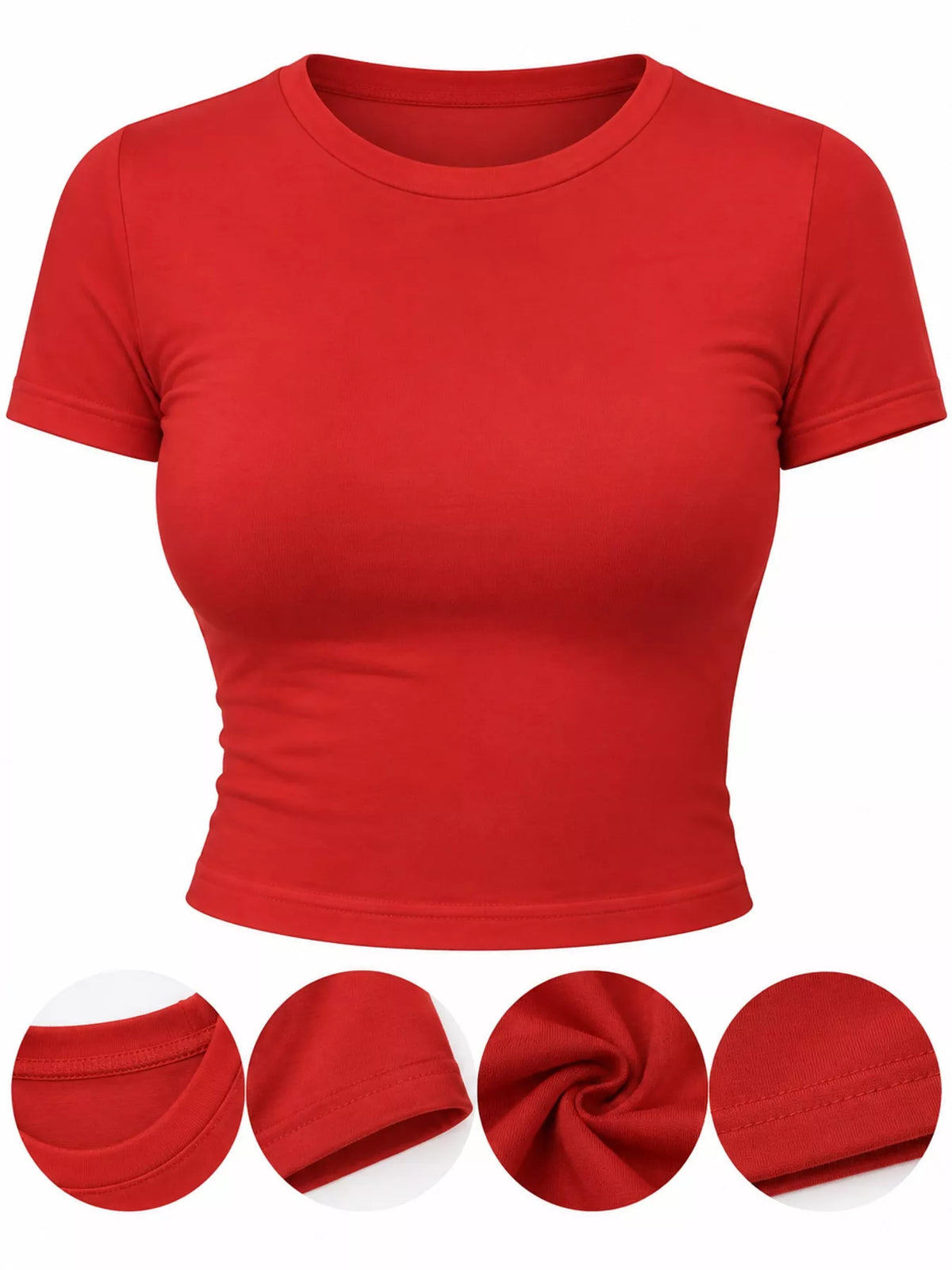 slim fit basic crew neck short sleeve crop t-shirt | dropsona - neutral - close-up detail