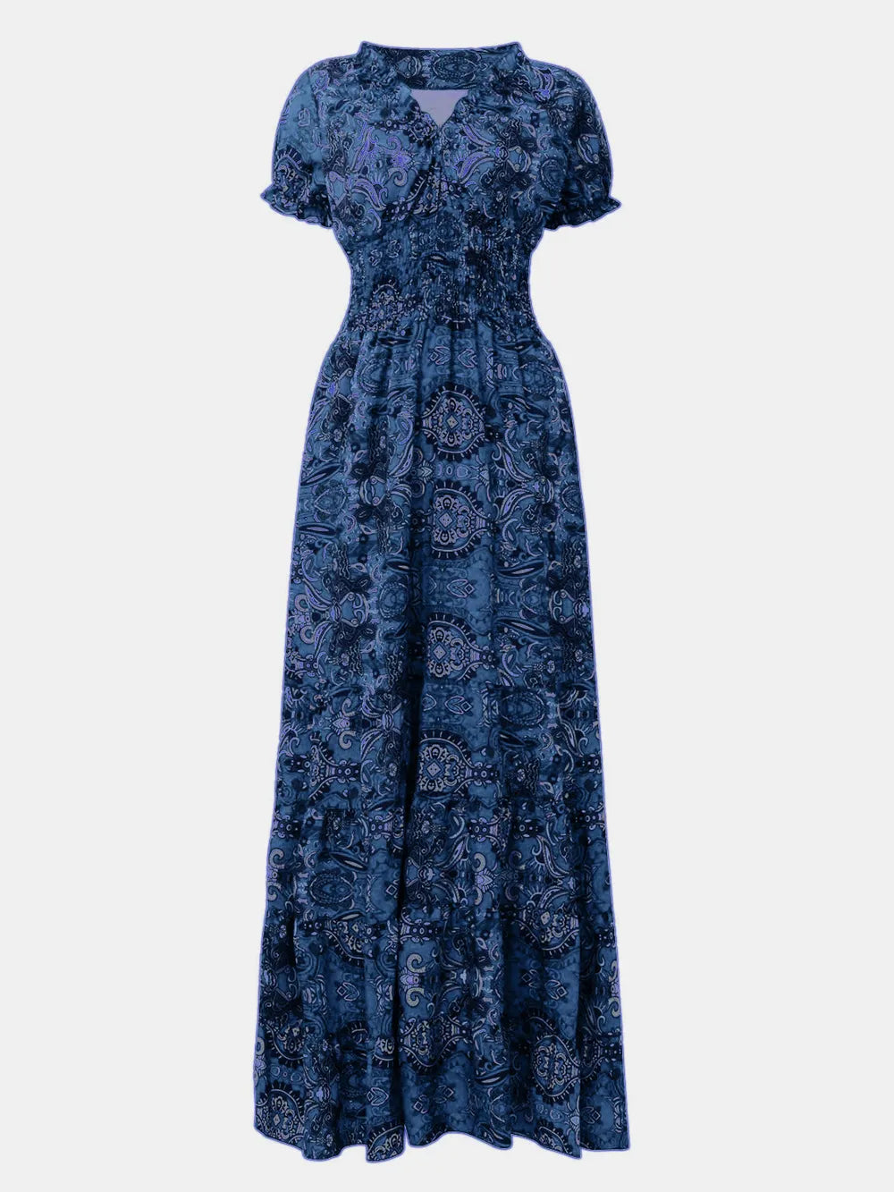 full size smocked printed v-neck short sleeve dress - material texture