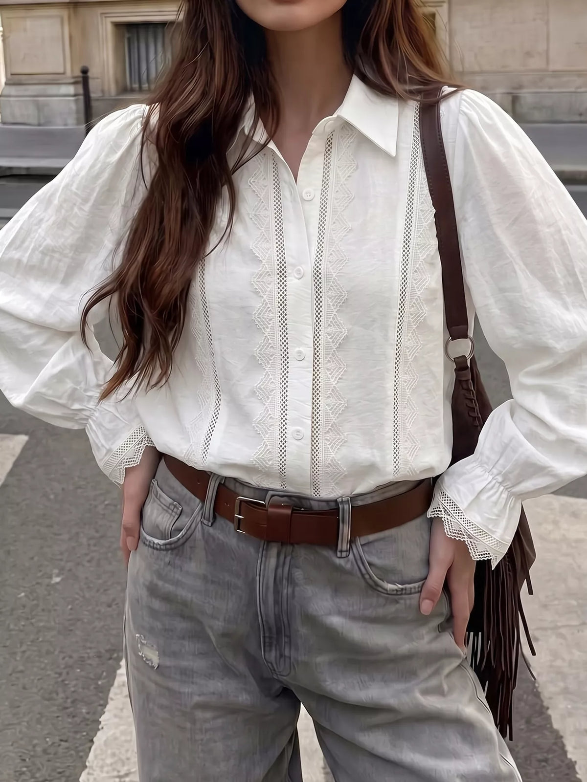 lace-trimmed button-down shirt – buttoned,lace detail | dropsona - neutral - size reference