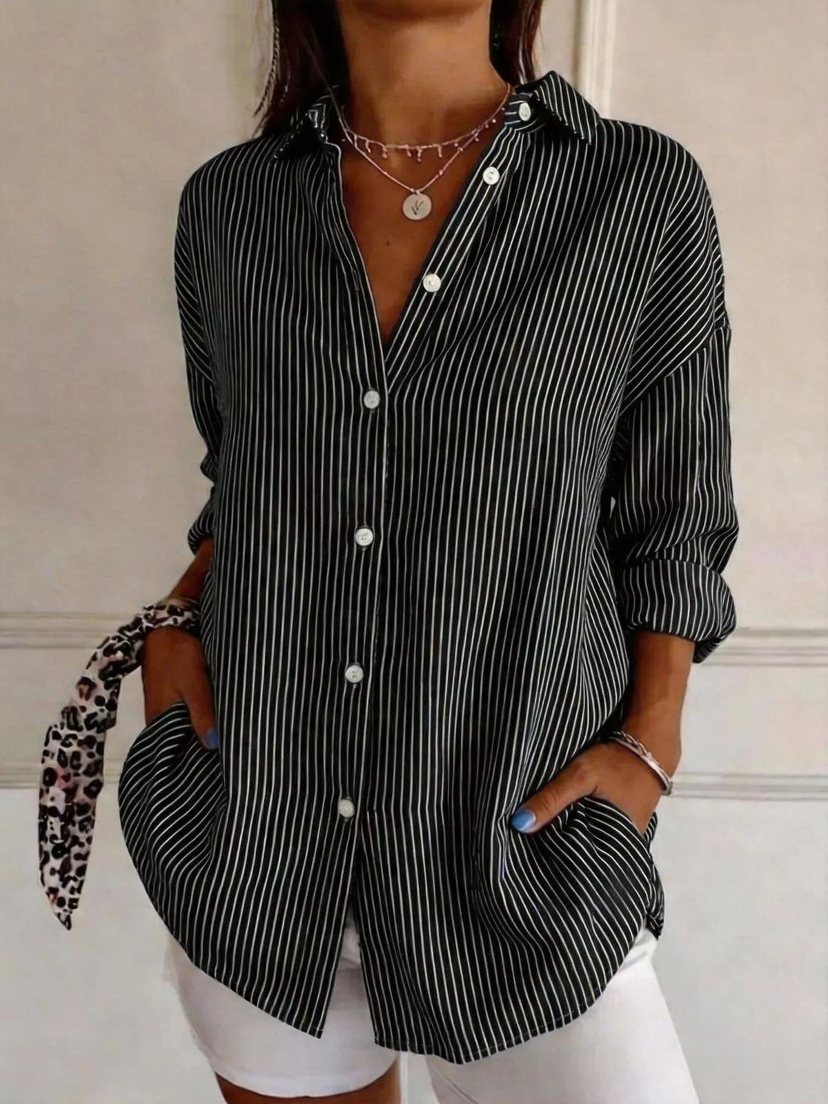 full size striped button-down long sleeve shirt plus | dropsona - neutral - material texture