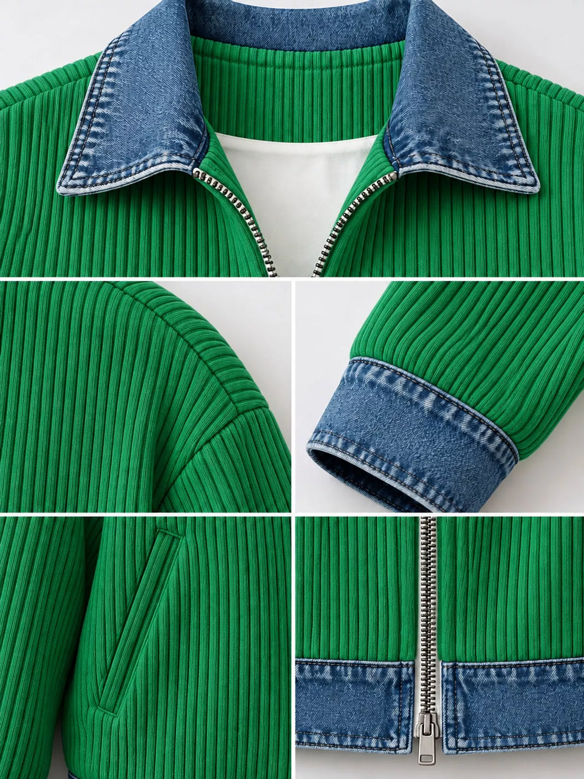 full size denim-collar ribbed knit zip-up jacket plus | dropsona - neutral - front view