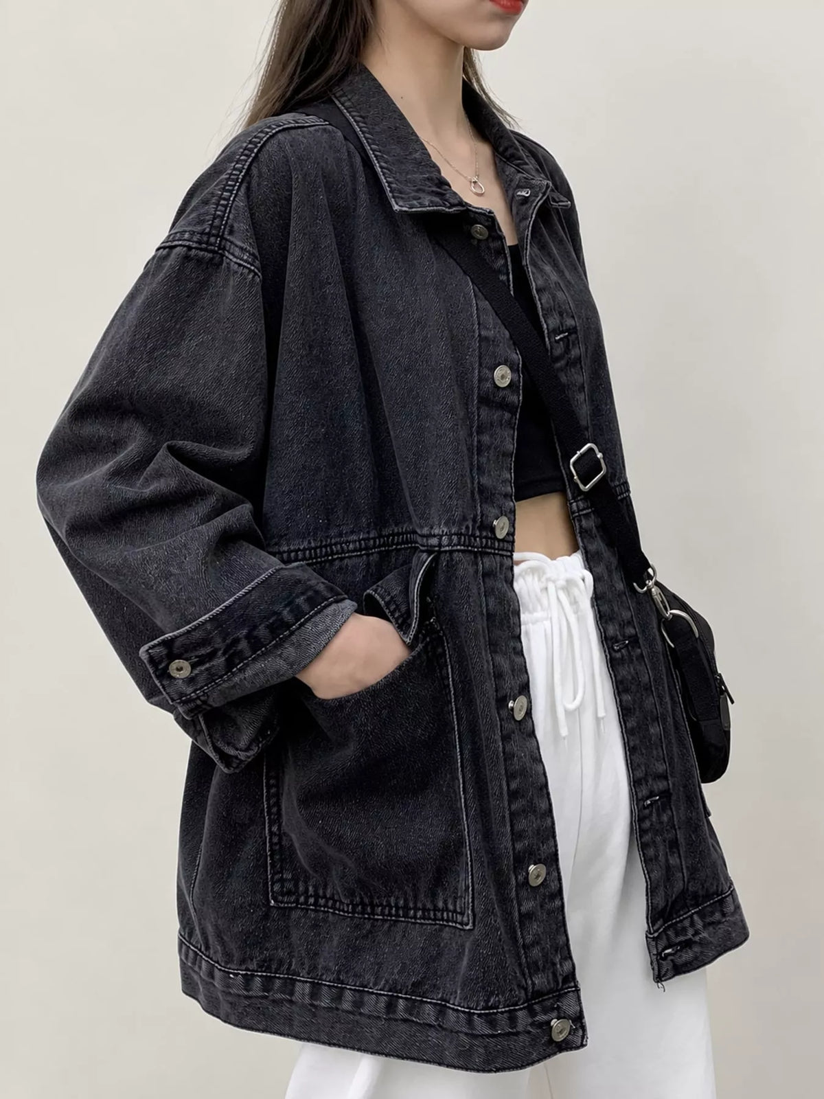 oversized wash denim jacket with utility pockets | dropsona - neutral - size reference
