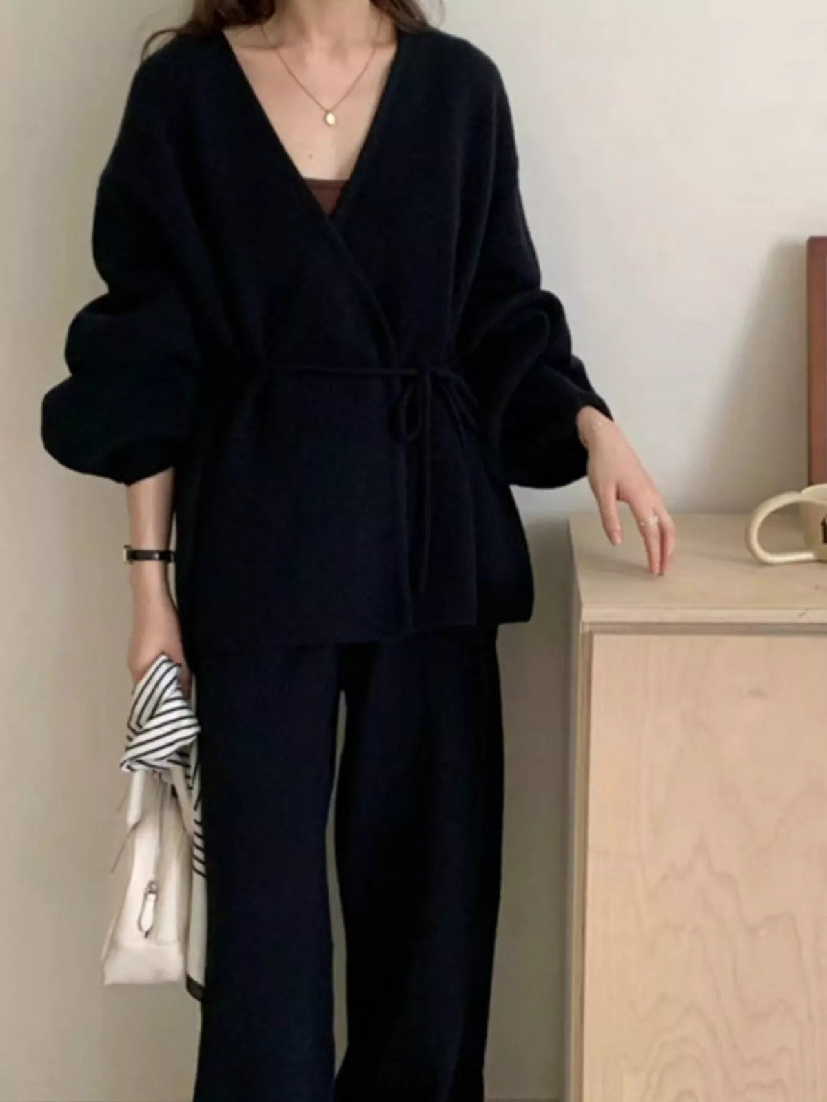 v-neck tied wrap cardigan and wide-leg pants sweater | dropsona - neutral - front view