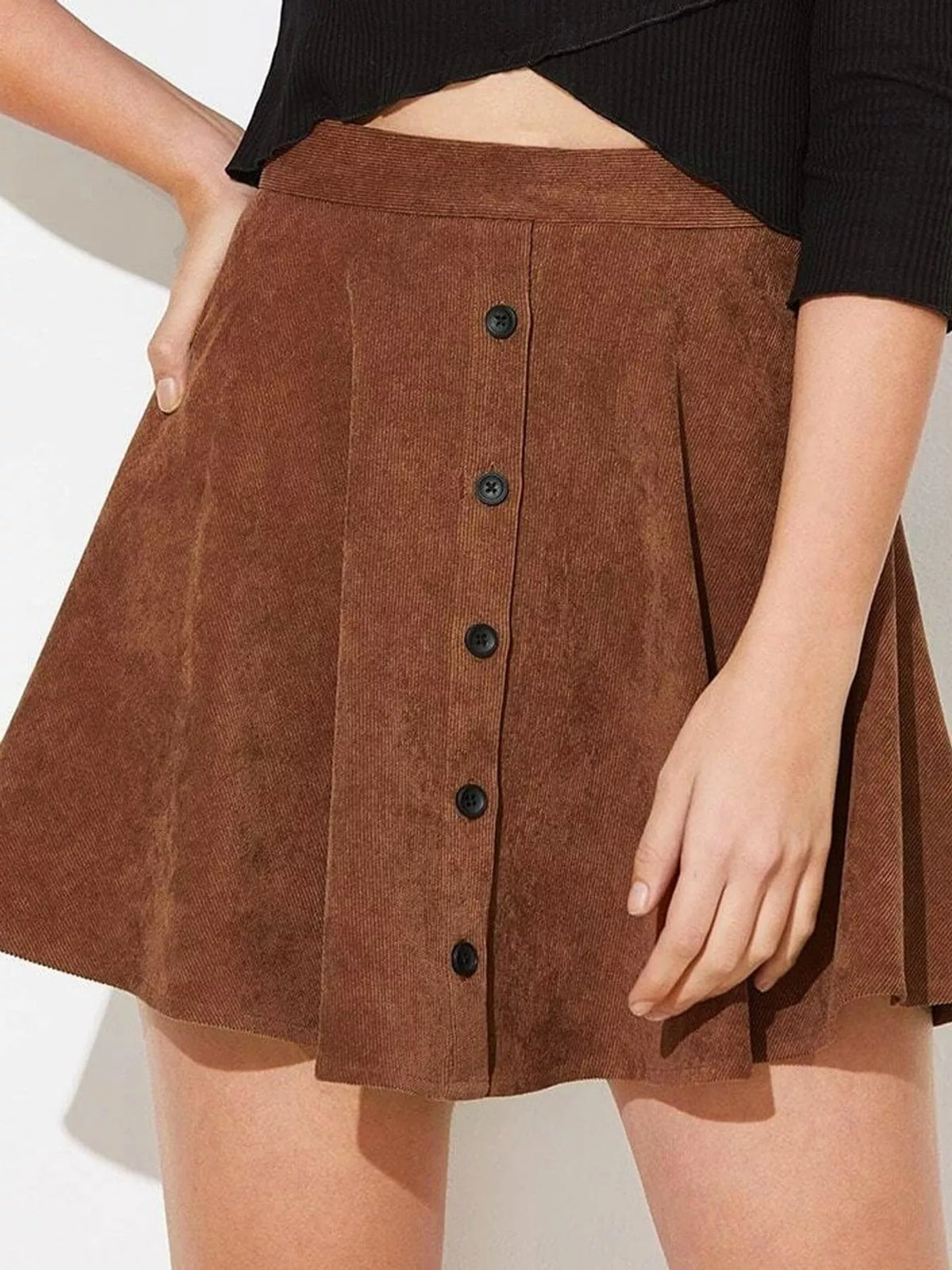 high-waisted a-line mini skirt – decorative button fit | dropsona - neutral - material texture