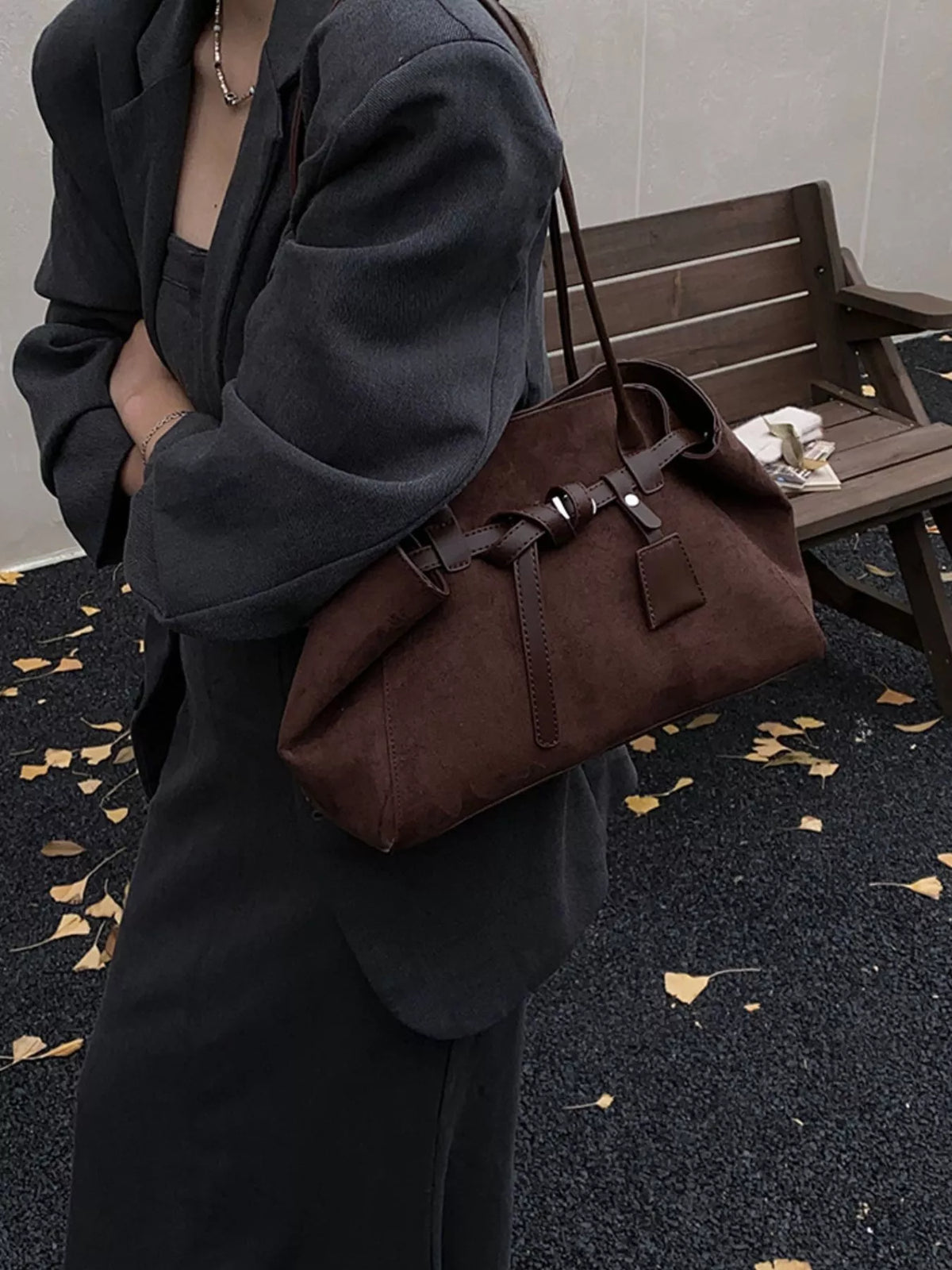 suede decorative belt buckle shoulder bag | dropsona - neutral - usage example