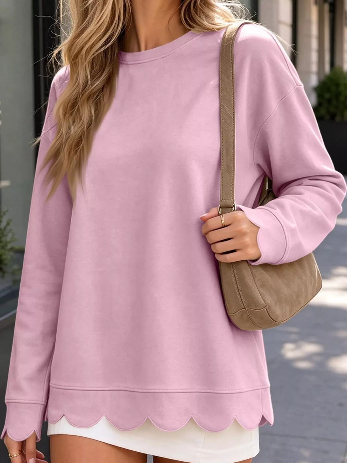 full size casual scalloped hem crewneck sweatshirt | dropsona - neutral - close-up detail