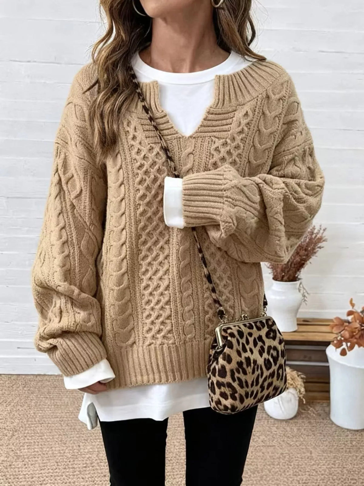 full size cable knit dropped shoulder sweater plus | dropsona - neutral - size reference