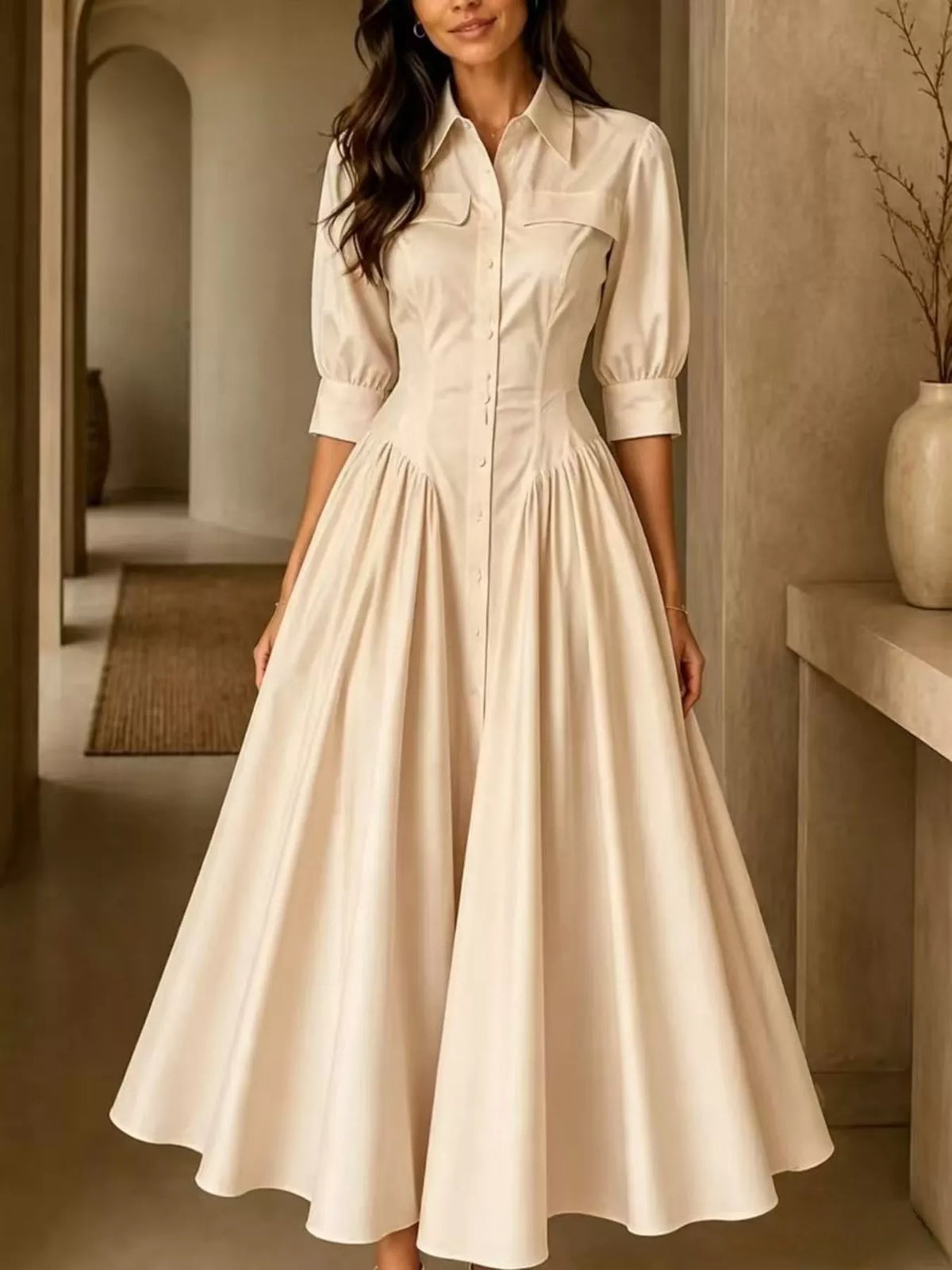 full size elegant button-down shirt dress with | dropsona - neutral - material texture