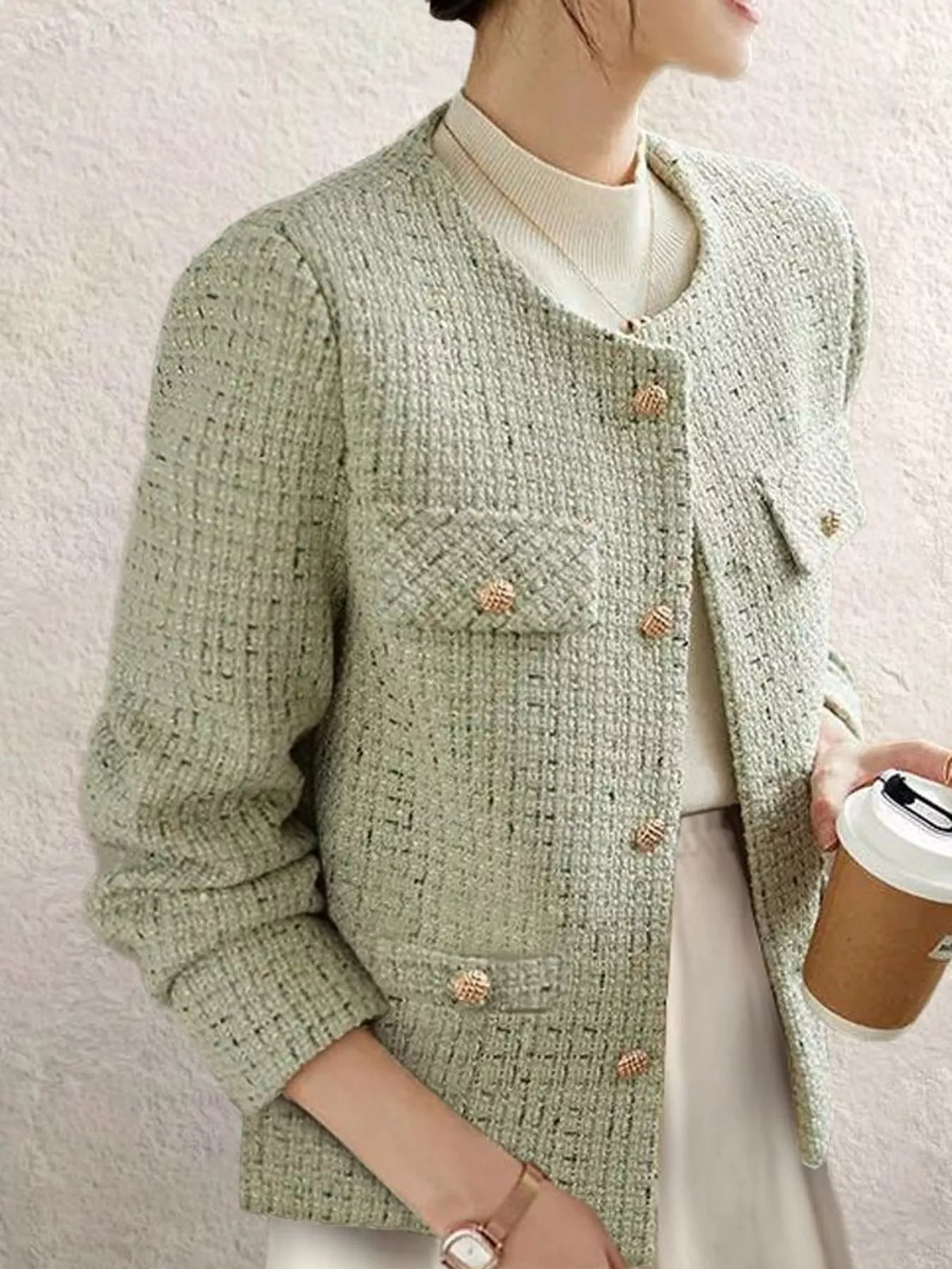 elegant tweed jacket with gold-tone button accents | dropsona - neutral - packaging