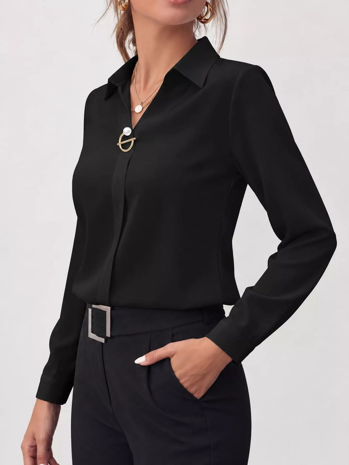 long sleeve satin blouse | dropsona - neutral - front view