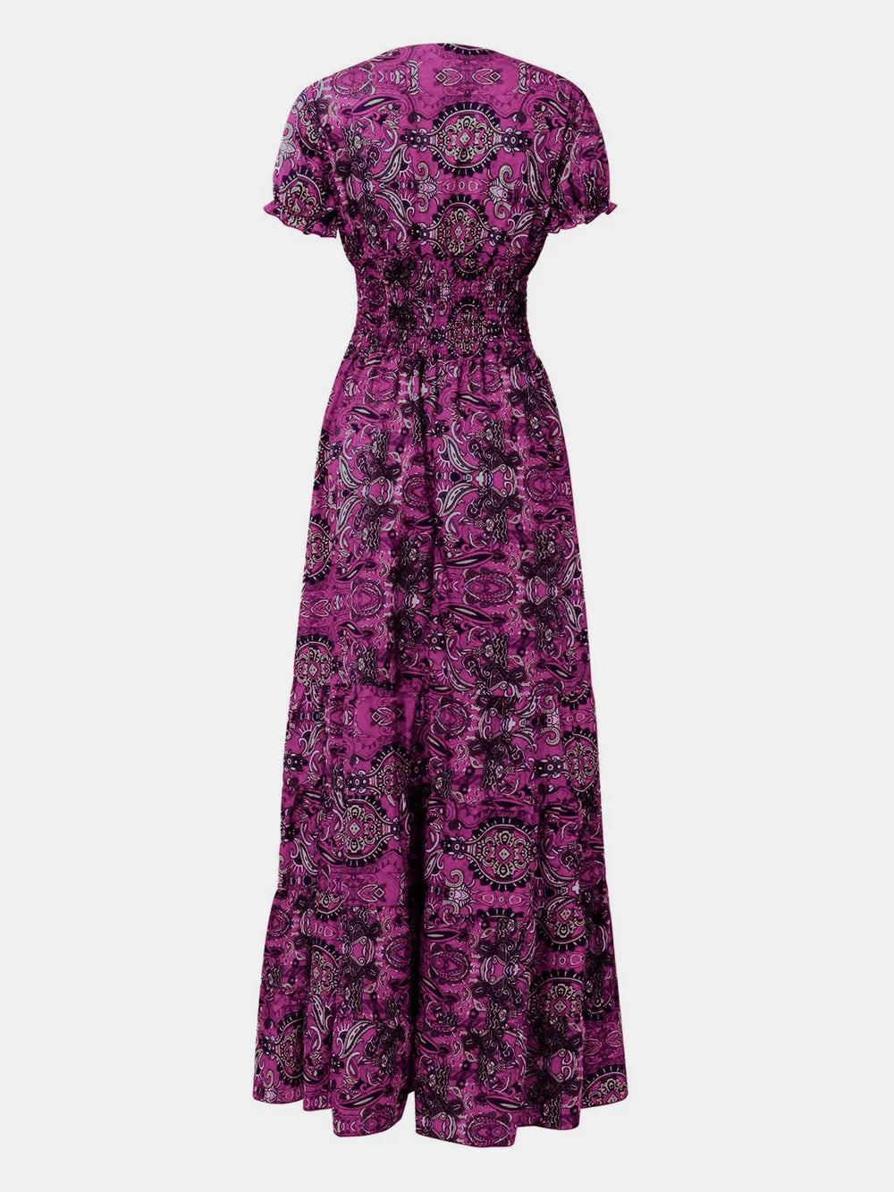 full size smocked printed v-neck short sleeve dress - material texture