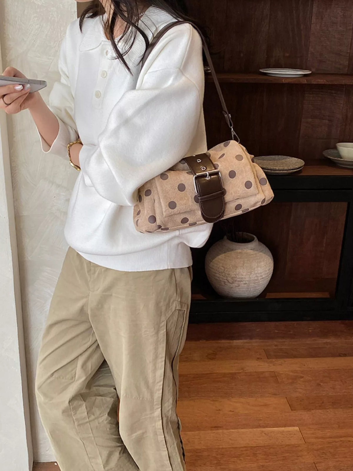 vintage polka dot shoulder bag – stylish sling | dropsona - neutral - size reference