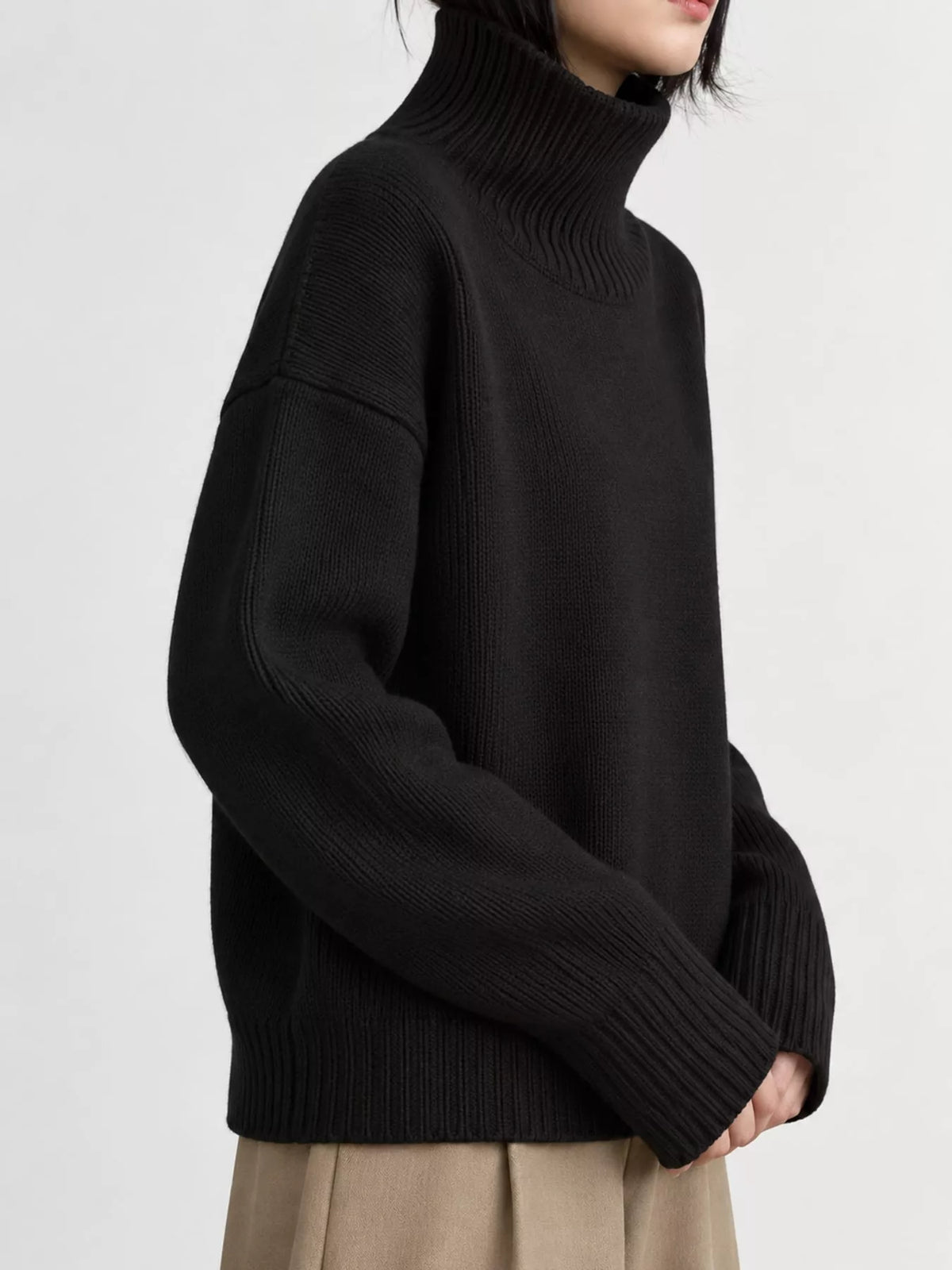 turtleneck dropped shoulder sweater | dropsona - neutral - close-up detail