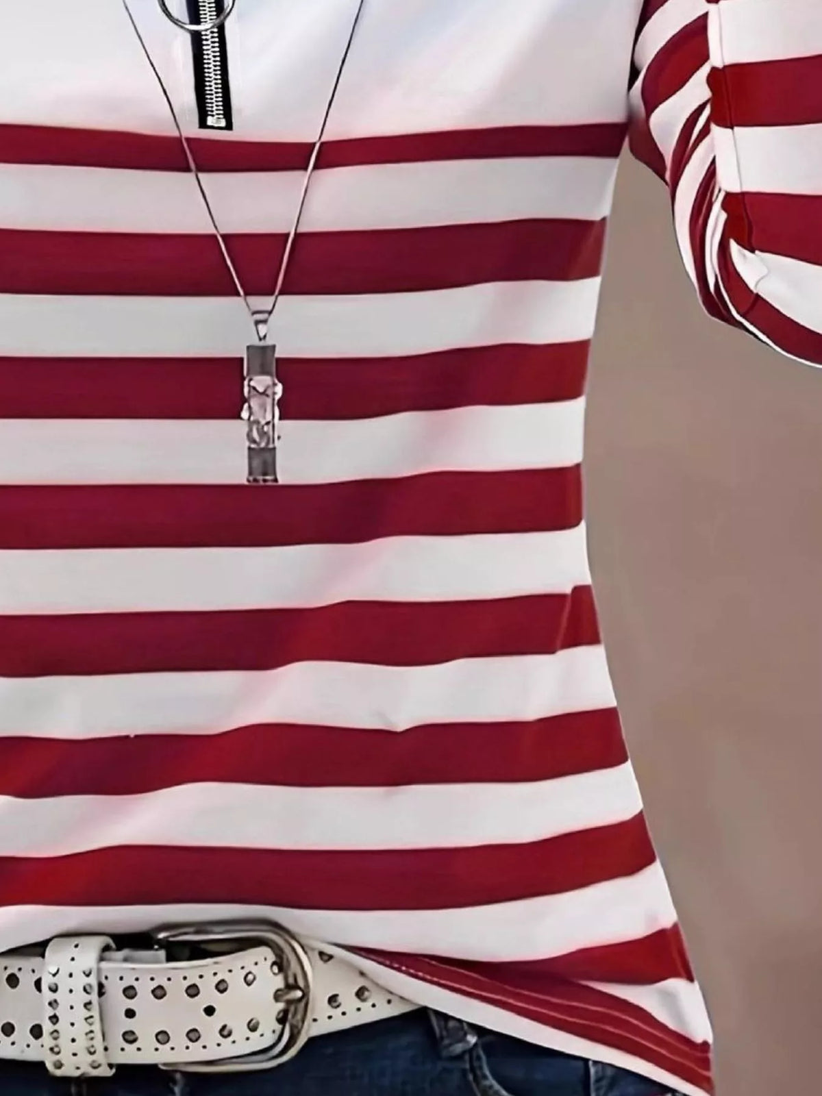 quarter-zip striped long sleeve t-shirt | dropsona - neutral - close-up detail