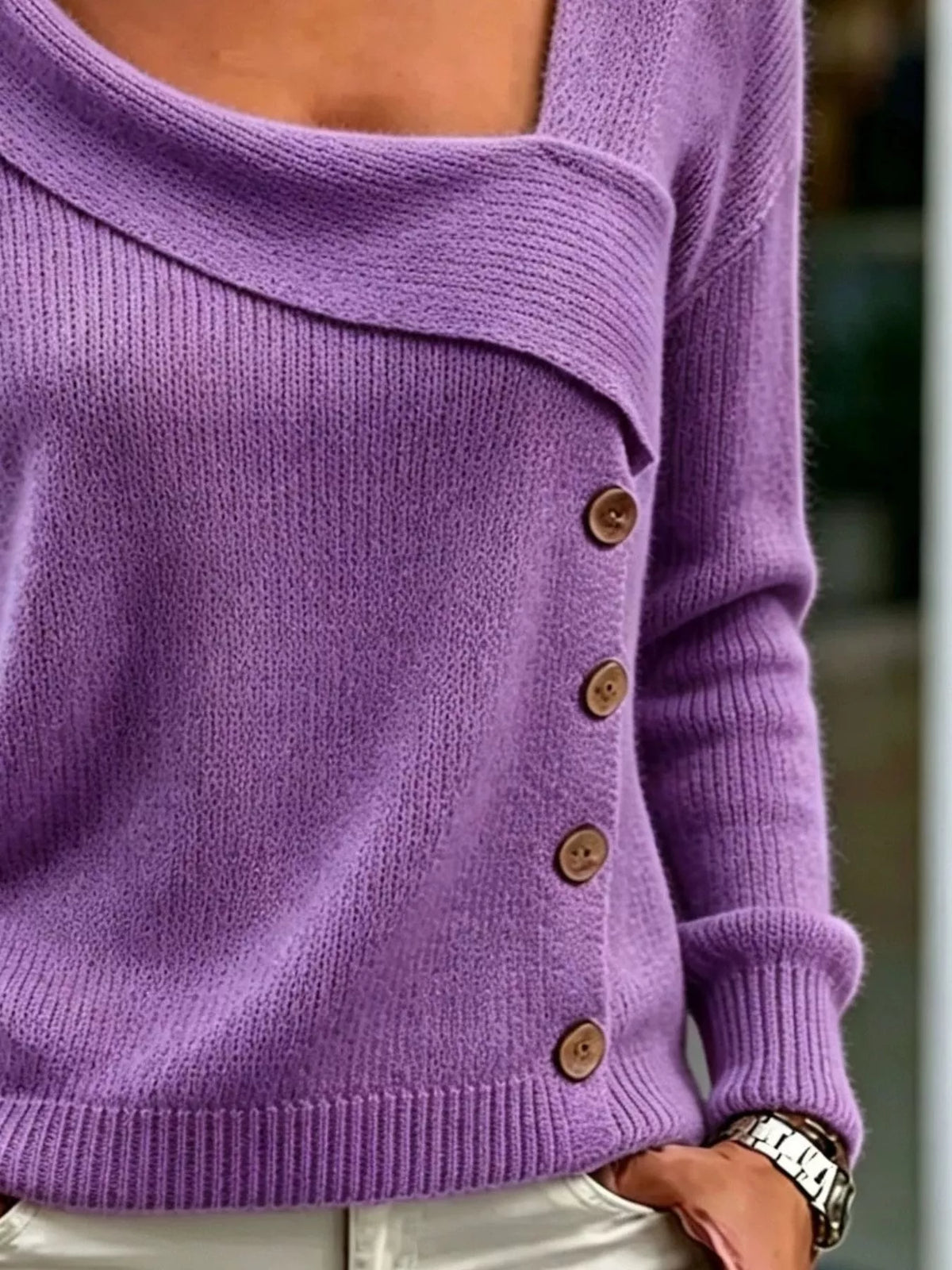asymmetric neckline button-decorated sweater | dropsona - neutral - front view
