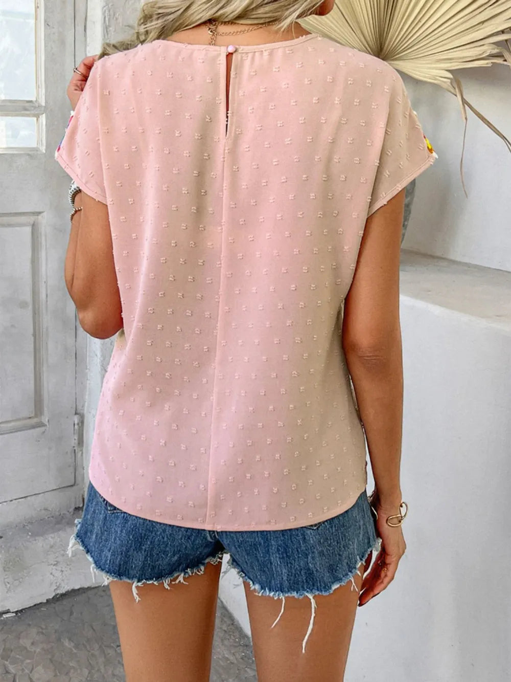devine swiss dot round neck crochet short sleeve top - front view
