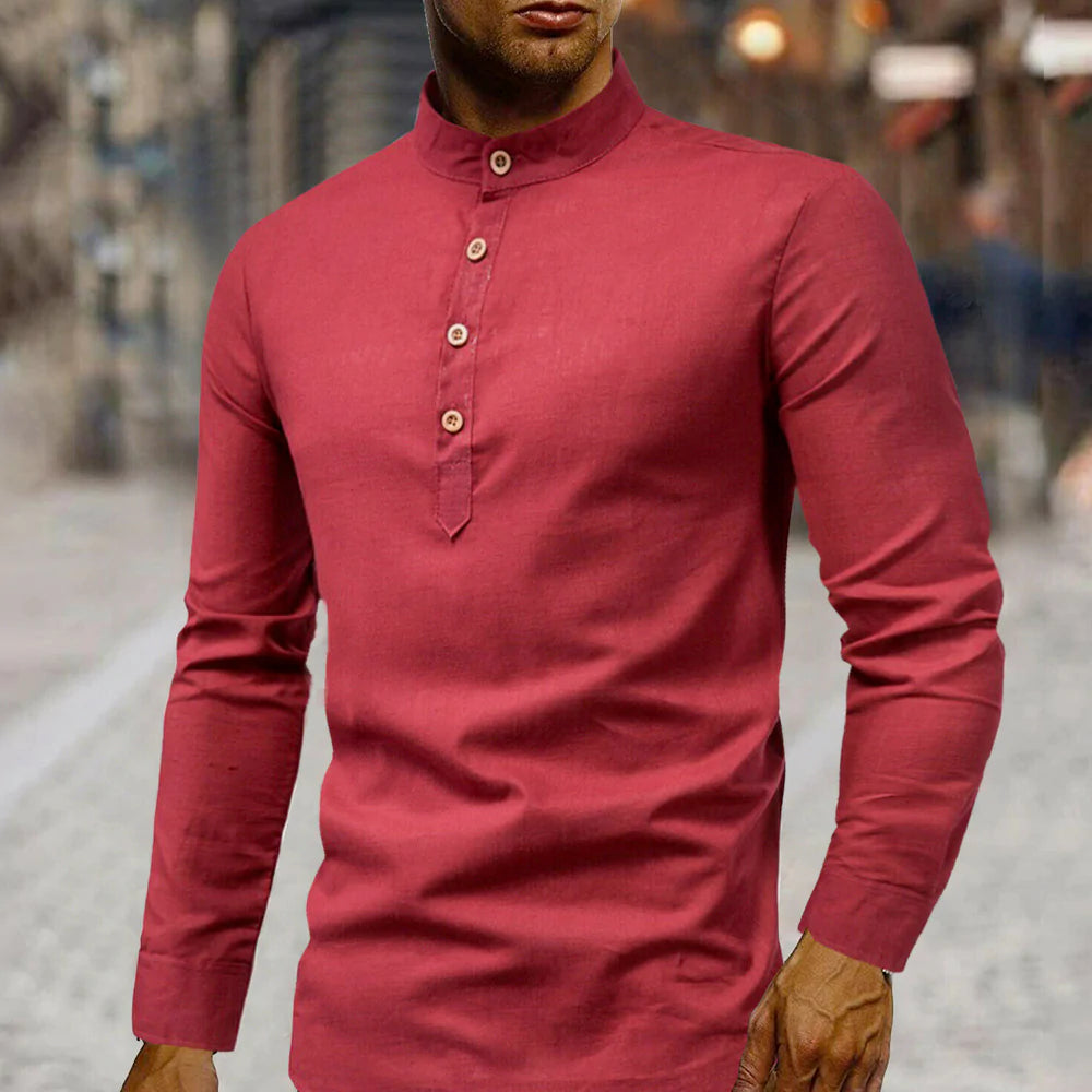 mens stand collar linen shirt – casual round coll | dropsona - neutral - front view