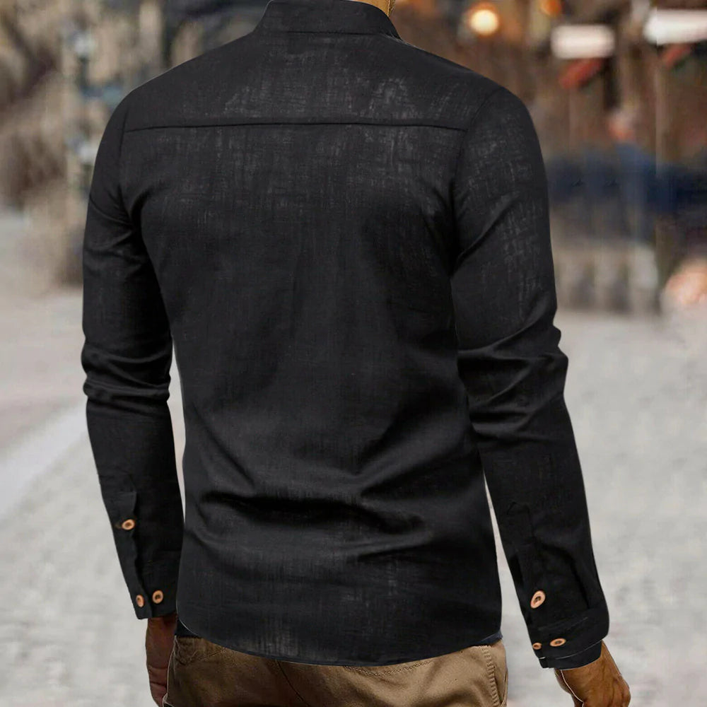 mens stand collar linen shirt – casual round coll | dropsona - neutral - size reference