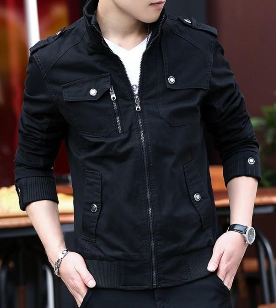 mens military theme short jacket – army style zip | dropsona - neutral - front view
