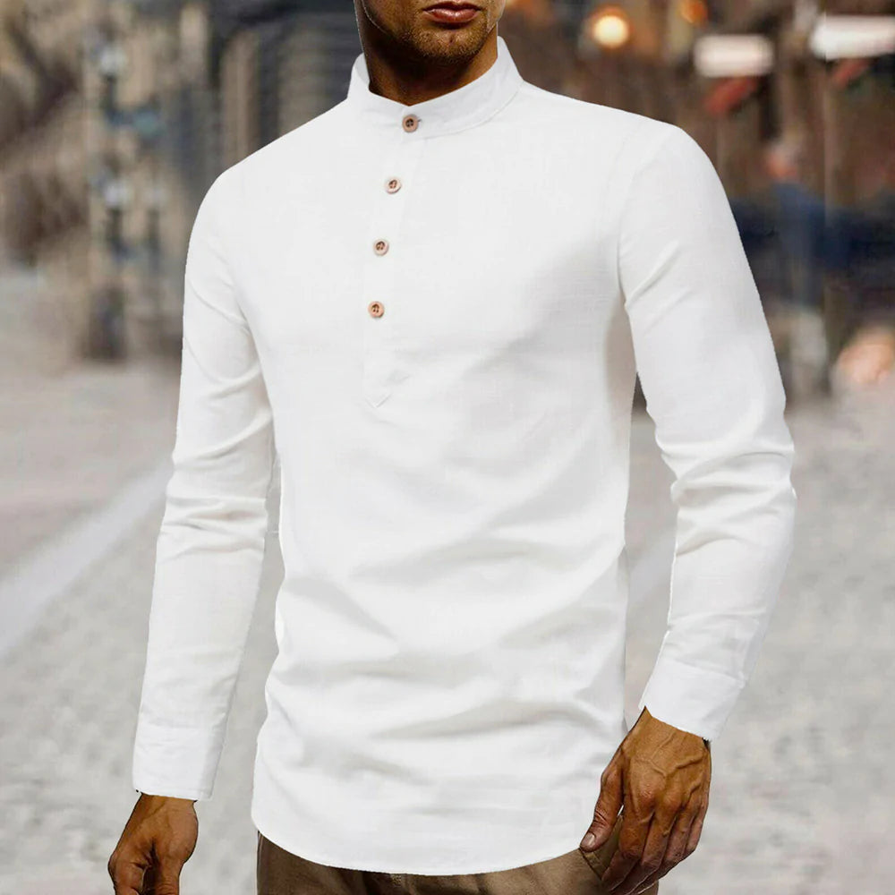 mens stand collar linen shirt – casual round coll | dropsona - neutral - everyday use