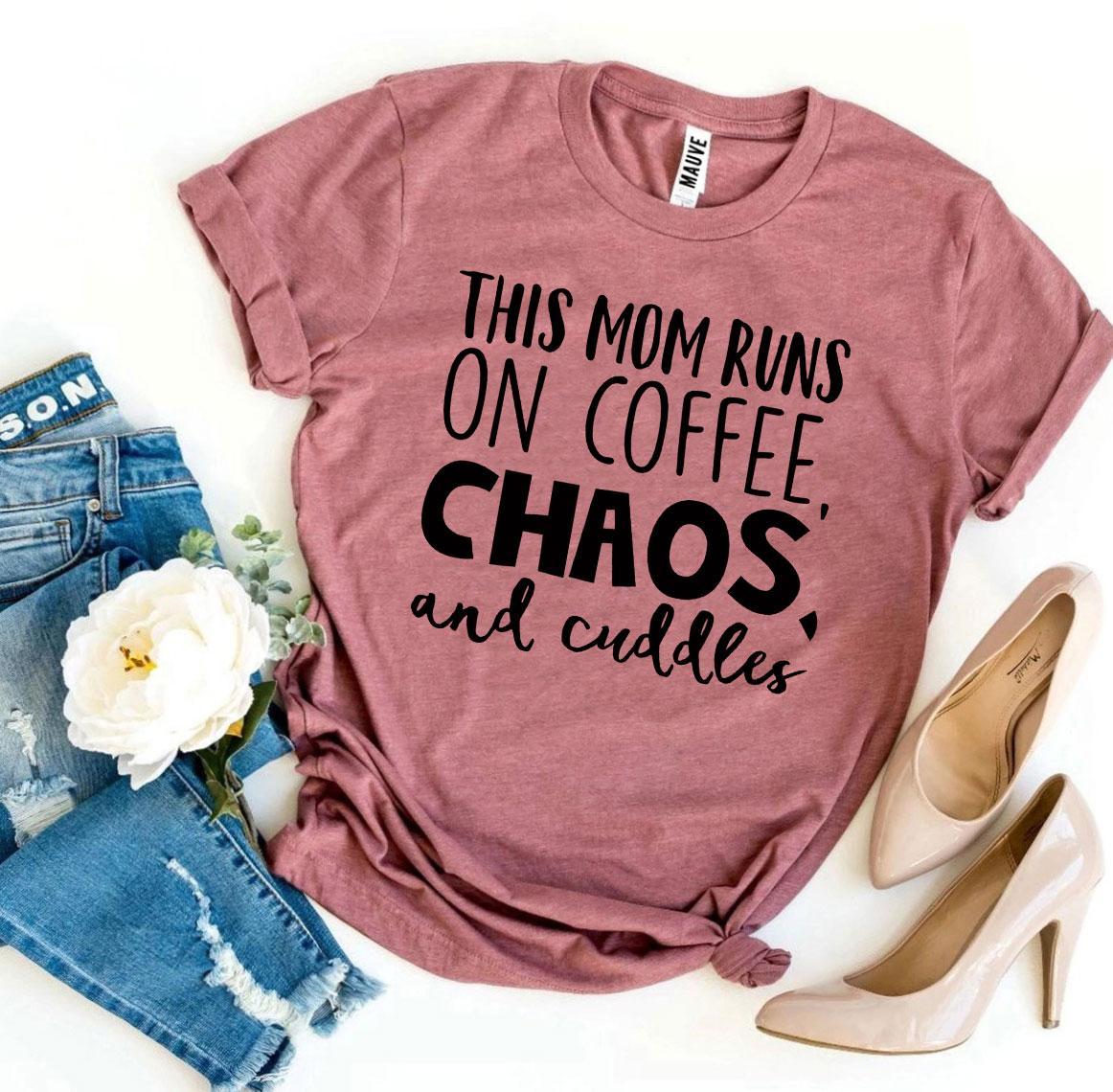 this mom runs on coffee, chaos, & cuddles t-shirt | dropsona - neutral - size reference