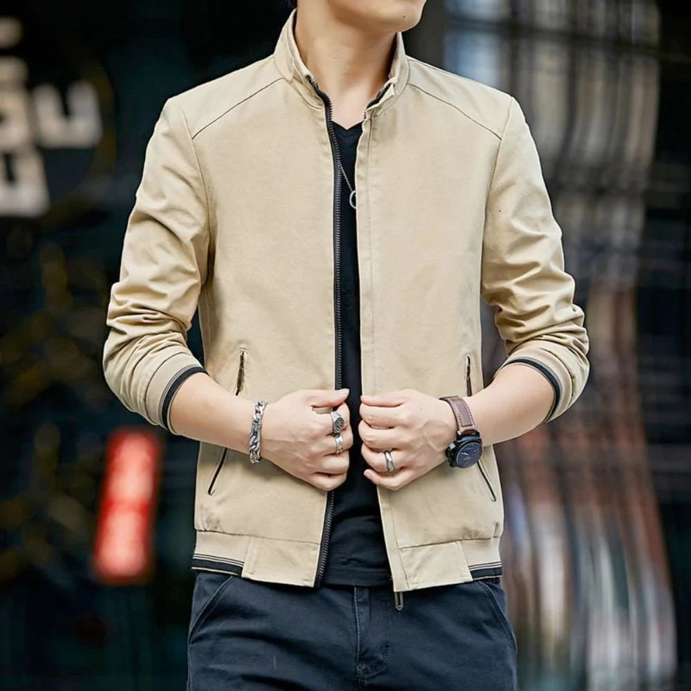 mens stand collar zipped up jacket – casual zip u | dropsona - neutral - close-up detail