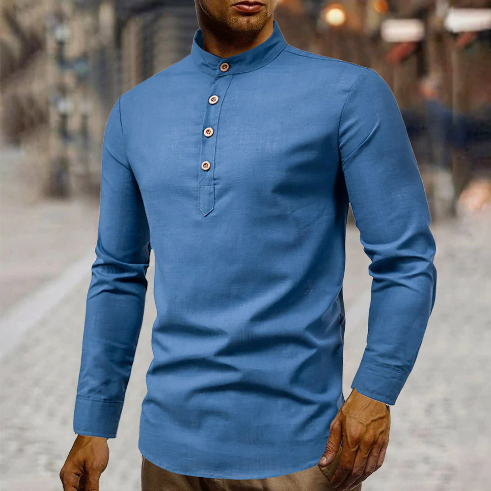 mens stand collar linen shirt – casual round coll | dropsona - neutral - close-up detail