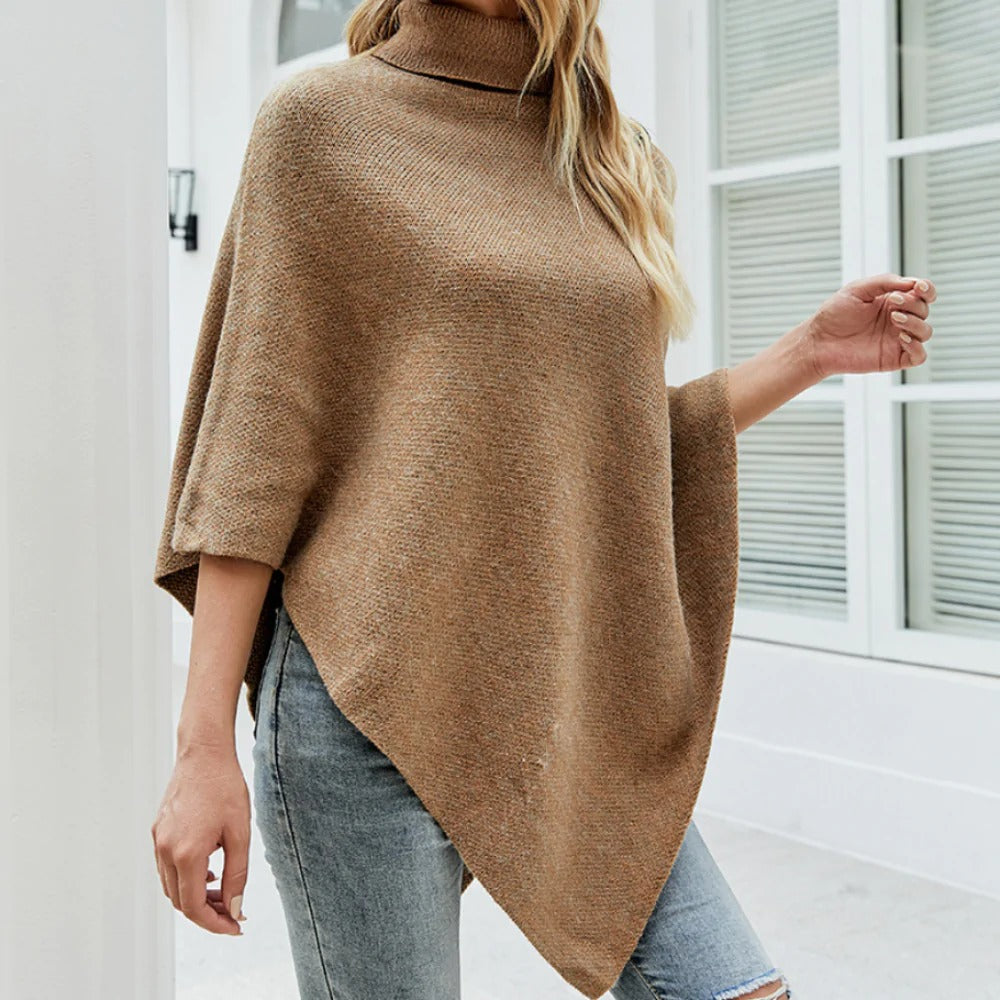 womens turtleneck poncho with side buttons details – t | dropsona - neutral - close-up detail