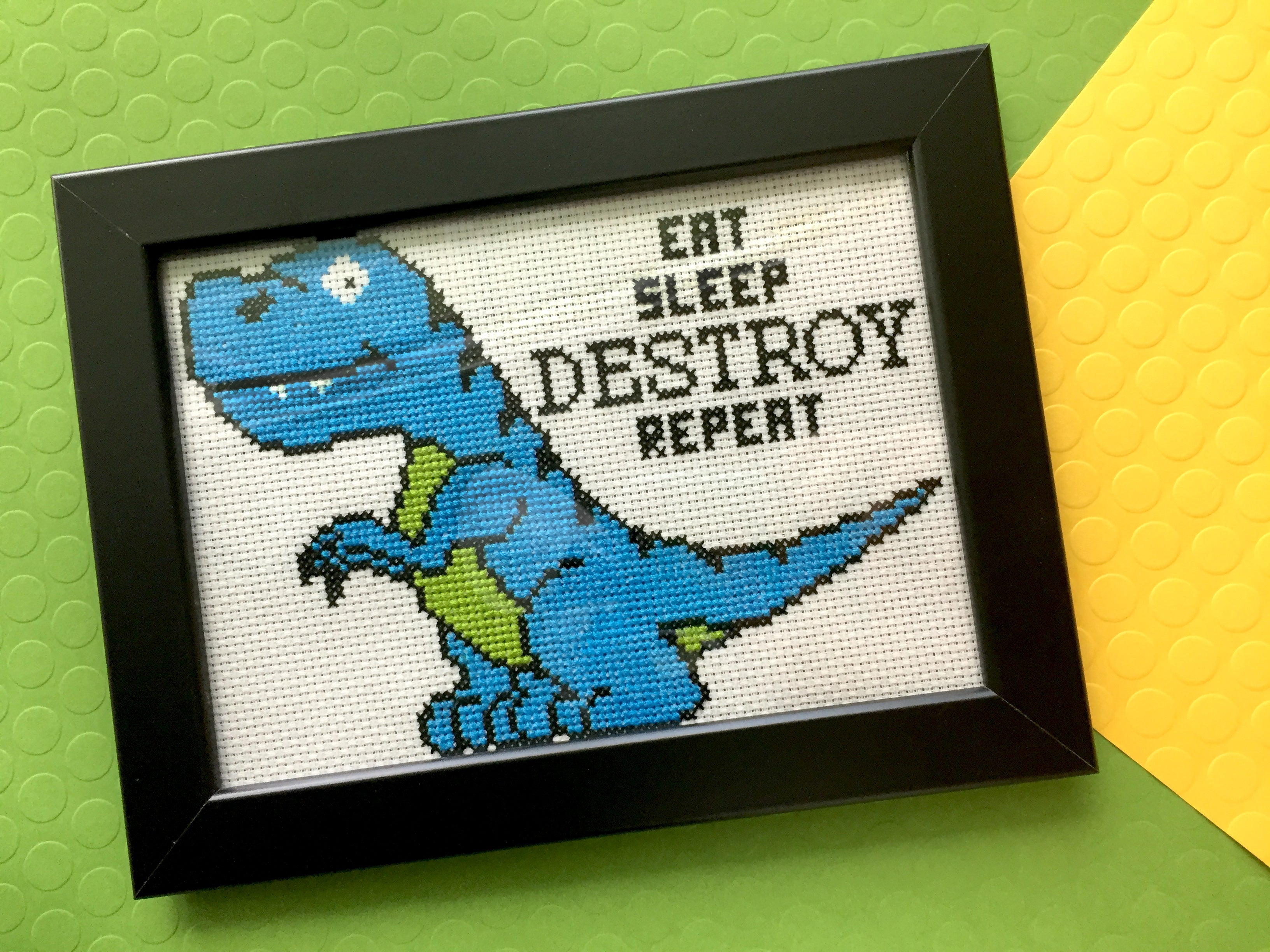 dinosaur destroy counted cross stitch diy kit intermed | dropsona - neutral - close-up detail