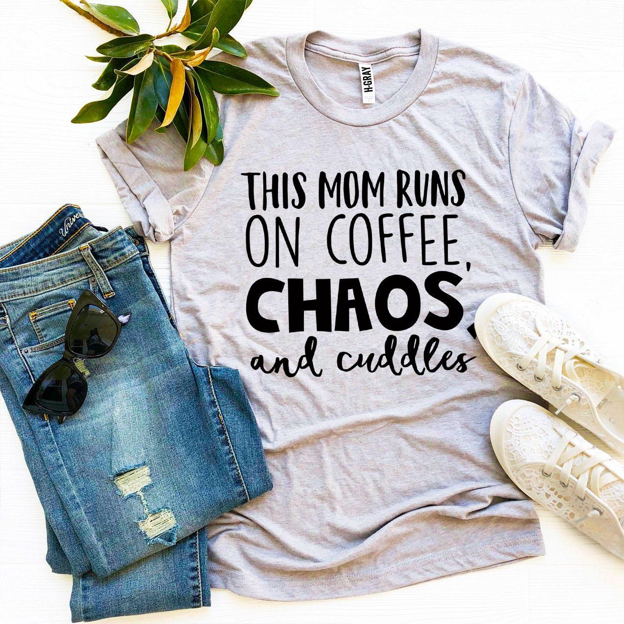 this mom runs on coffee, chaos, & cuddles t-shirt | dropsona - neutral - front view