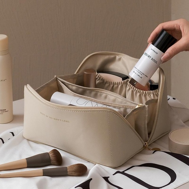 cosmetic bag leather makeup organizer female toiletry | dropsona - neutral - usage example