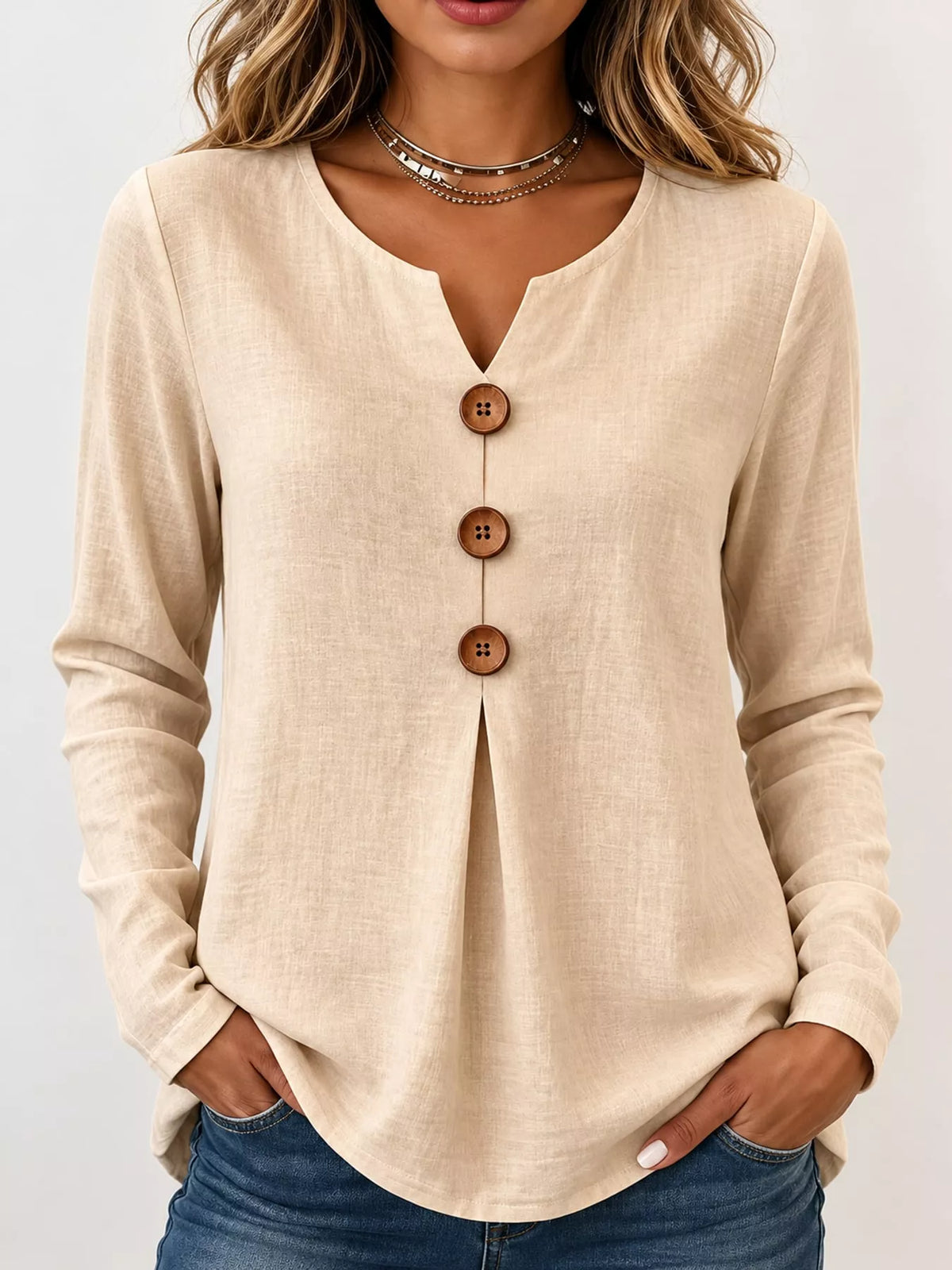 full size long sleeve blouse with decorative wooden | dropsona - neutral - material texture