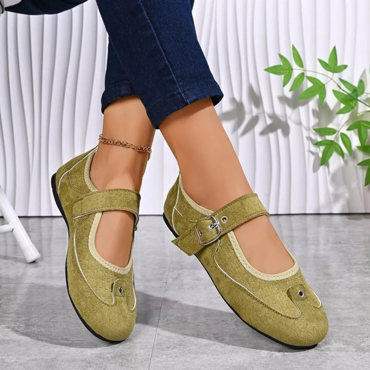 adjustable buckle strap slip-ons – classy ballet flats | dropsona - neutral - close-up detail